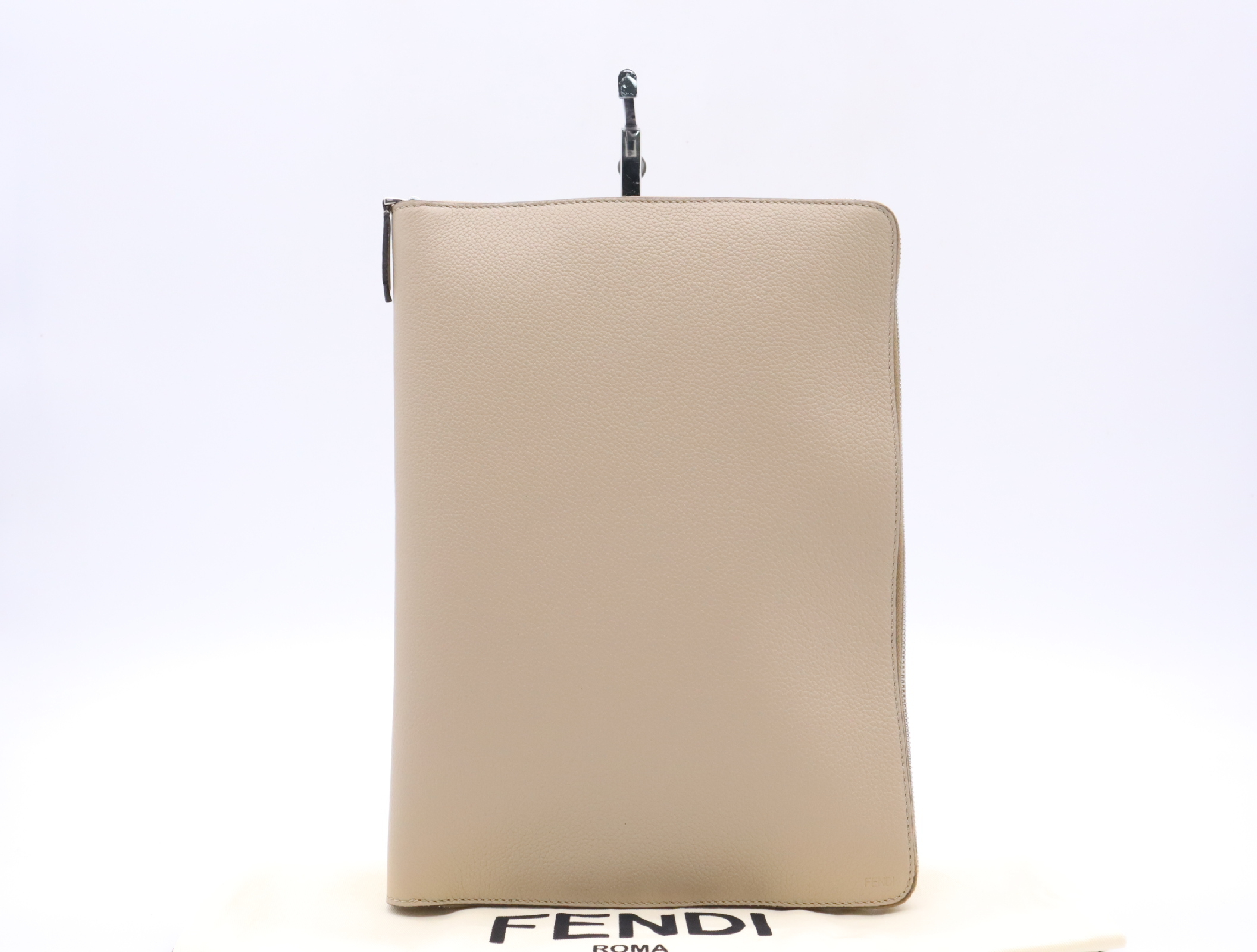 7N0167 Fendi Logo Leather Clutch Bag, Beige, Silver Hardware, with Dust Bag.
