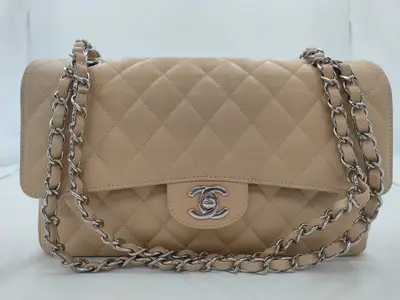 Matelassé 25 Double Flap Caviar Beige Chain Shoulder Bag