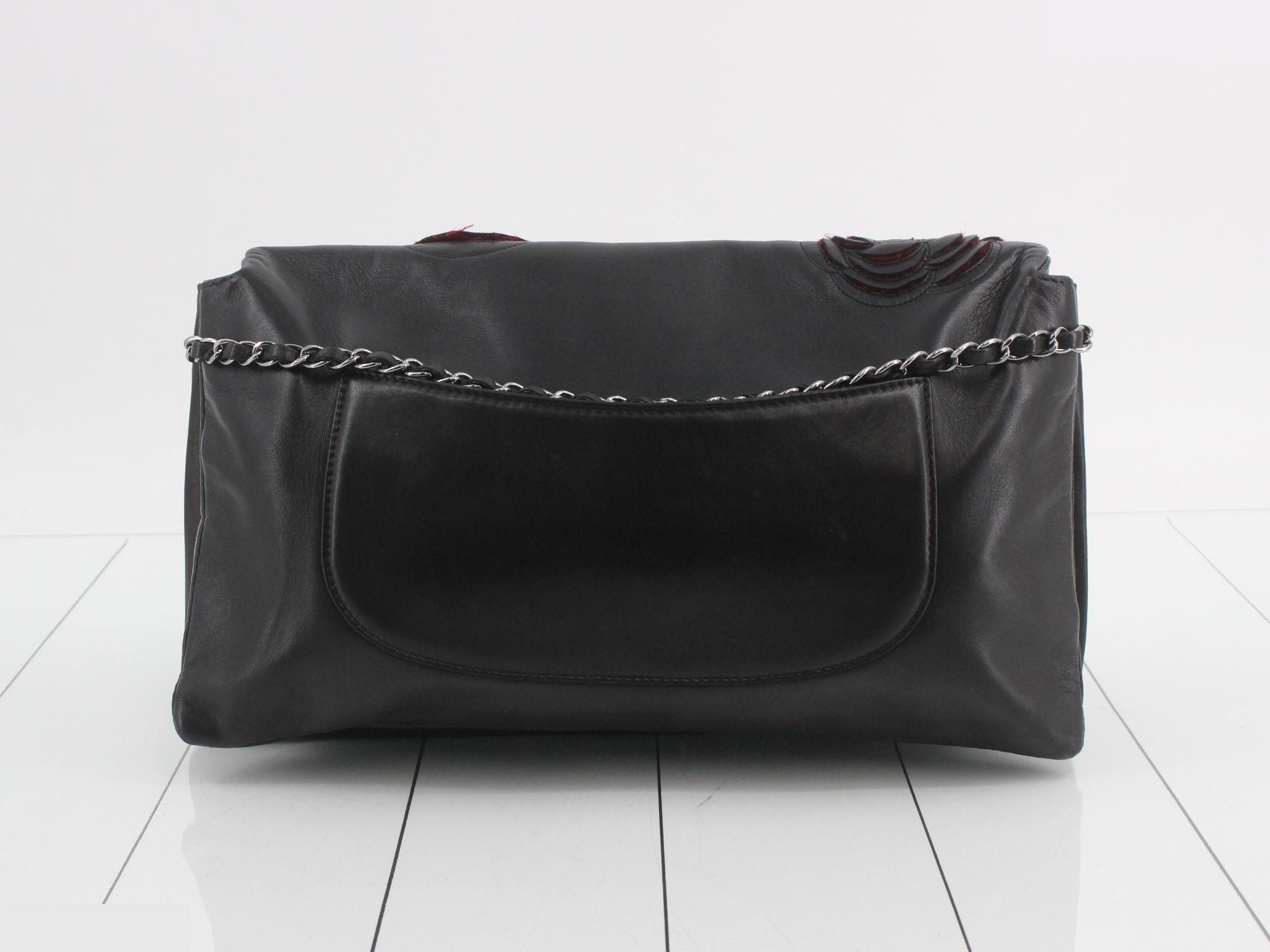 Camellia Leather Chain Semi-Shoulder Bag, Black — view 2