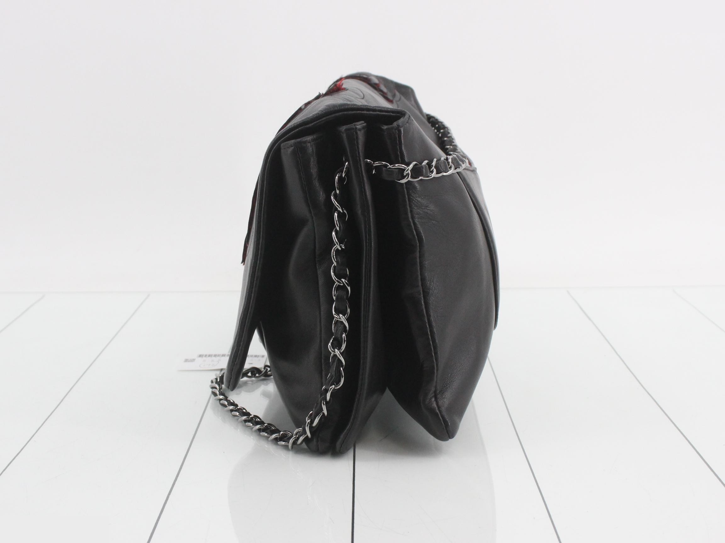 Camellia Leather Chain Semi-Shoulder Bag, Black — view 3