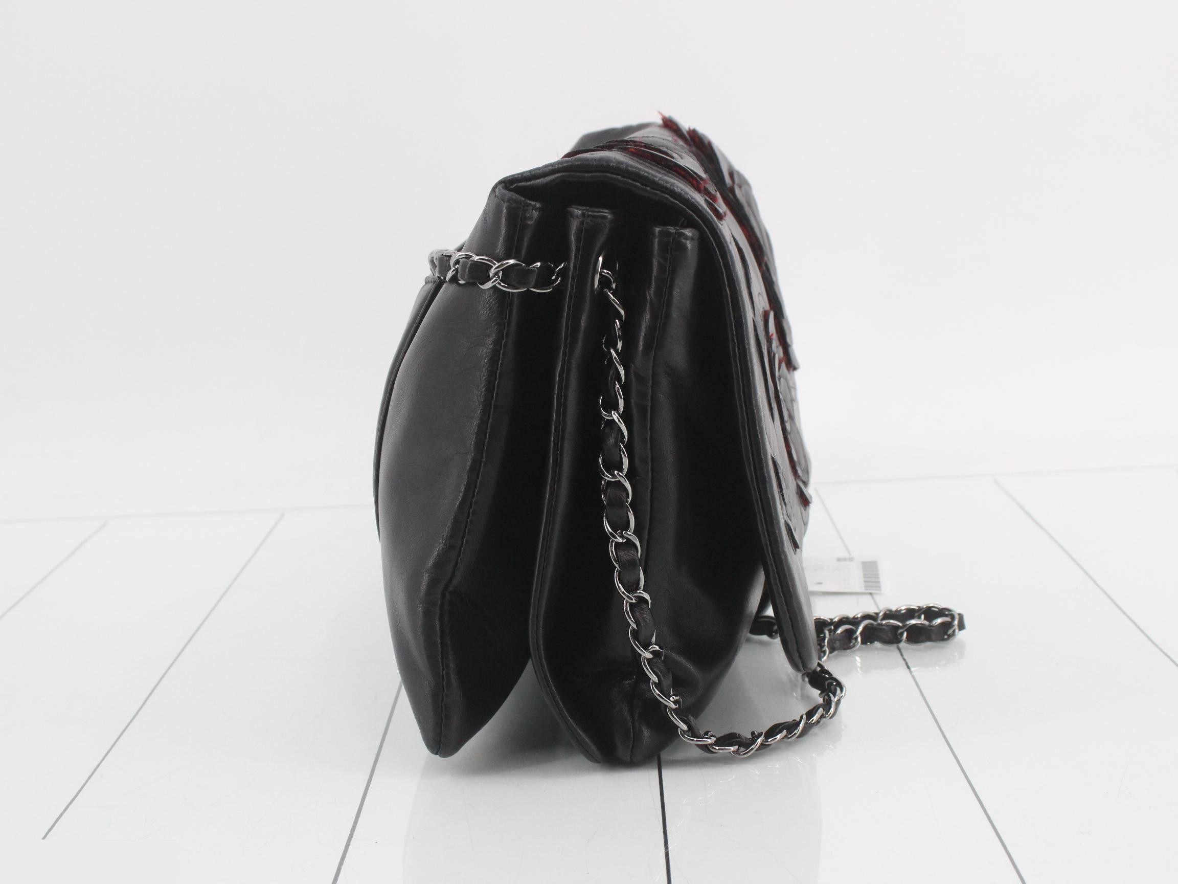 Camellia Leather Chain Semi-Shoulder Bag, Black — view 4