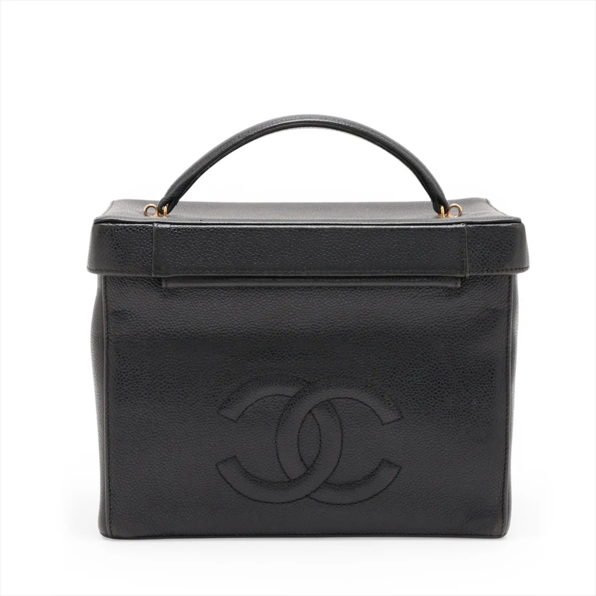 Matelassé Caviar Skin 2-Way Handbag Vanity Case Black Gold Hardware — view 2
