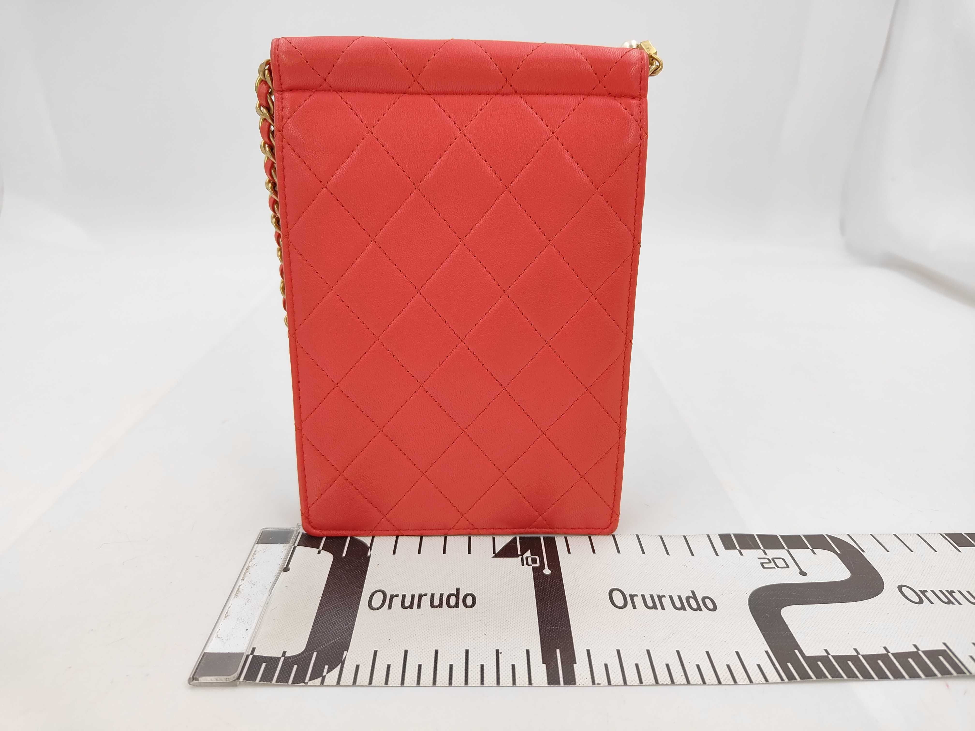 Matelassé Phone Case Chain Shoulder Bag, Caviar Leather, Red, Gold Hardware, Pearl Embellished Shoulder Bag — view 2