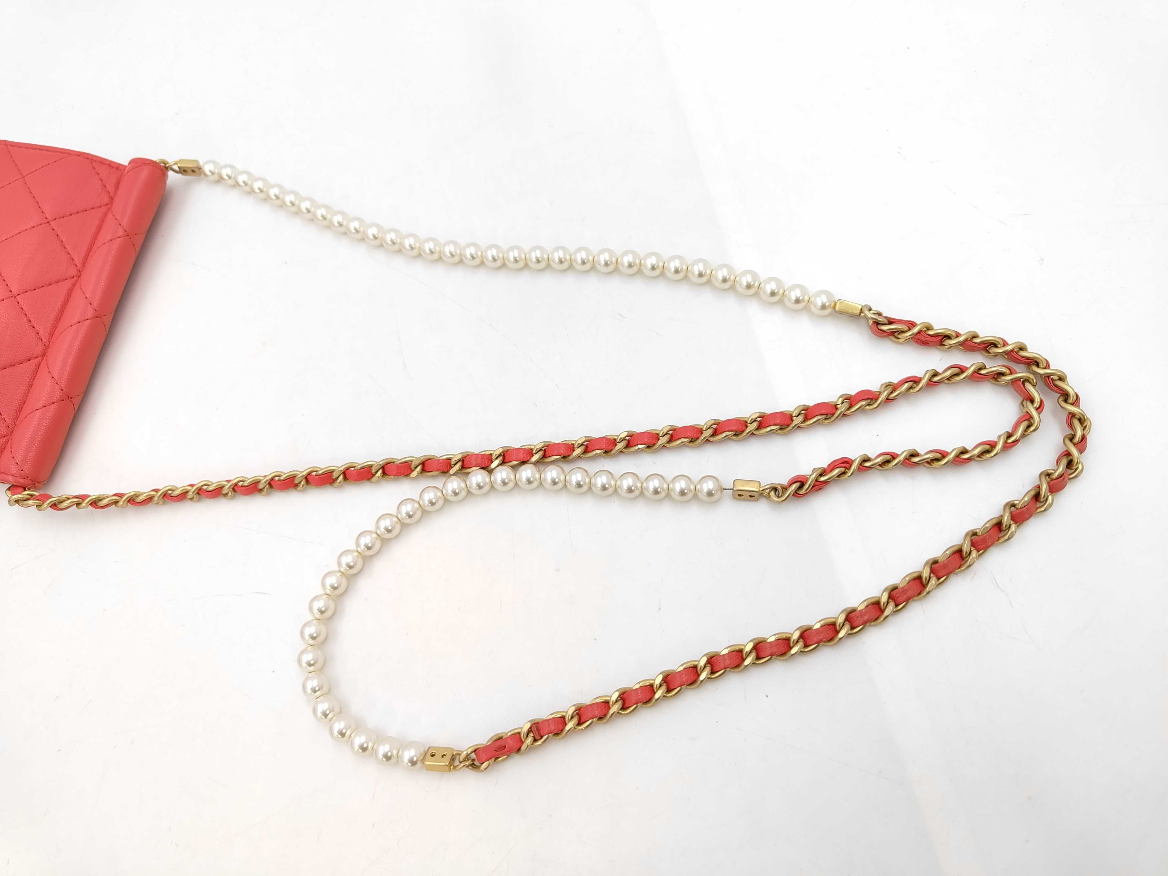 Matelassé Phone Case Chain Shoulder Bag, Caviar Leather, Red, Gold Hardware, Pearl Embellished Shoulder Bag — view 3