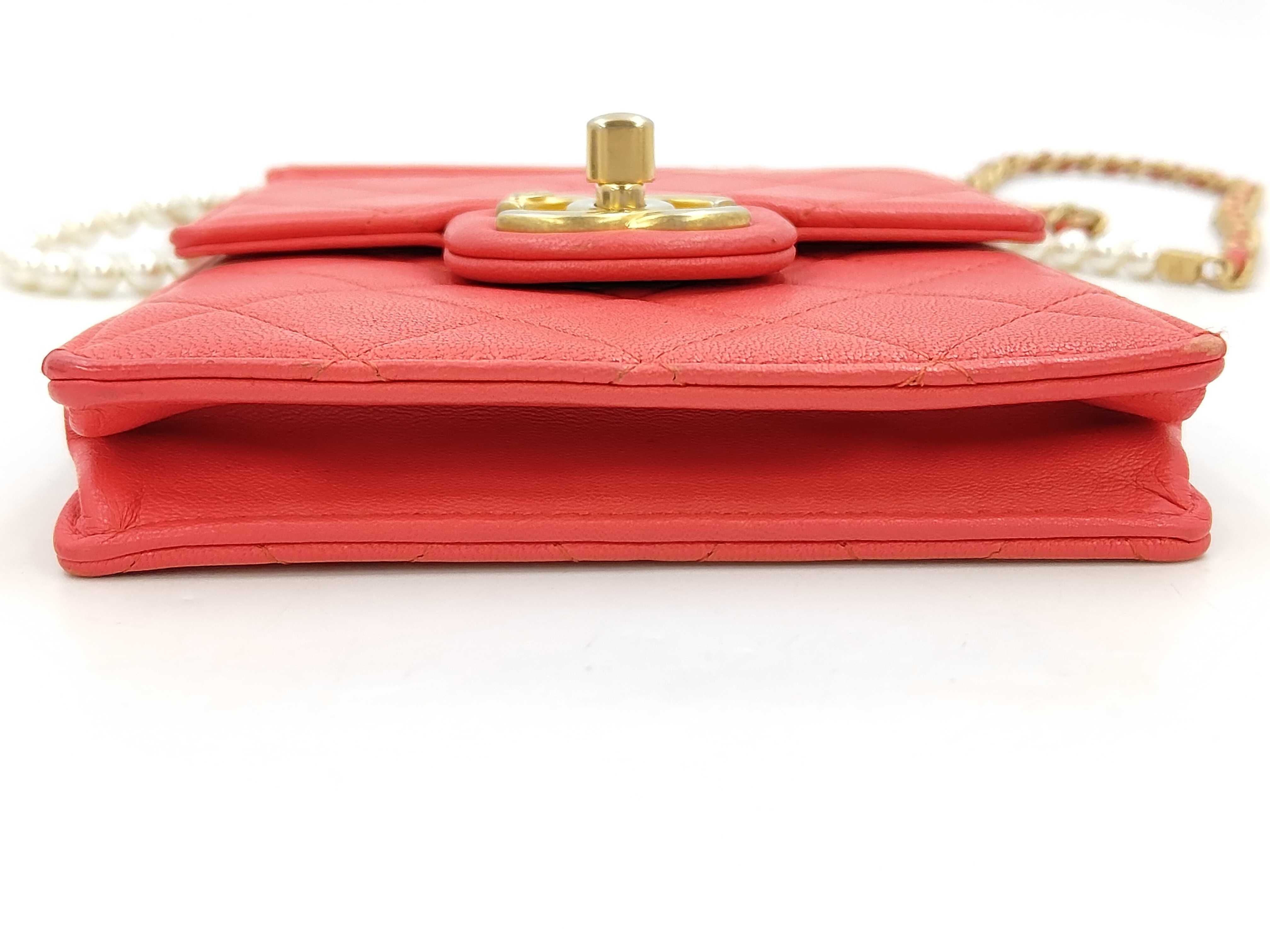 Matelassé Phone Case Chain Shoulder Bag, Caviar Leather, Red, Gold Hardware, Pearl Embellished Shoulder Bag — view 6