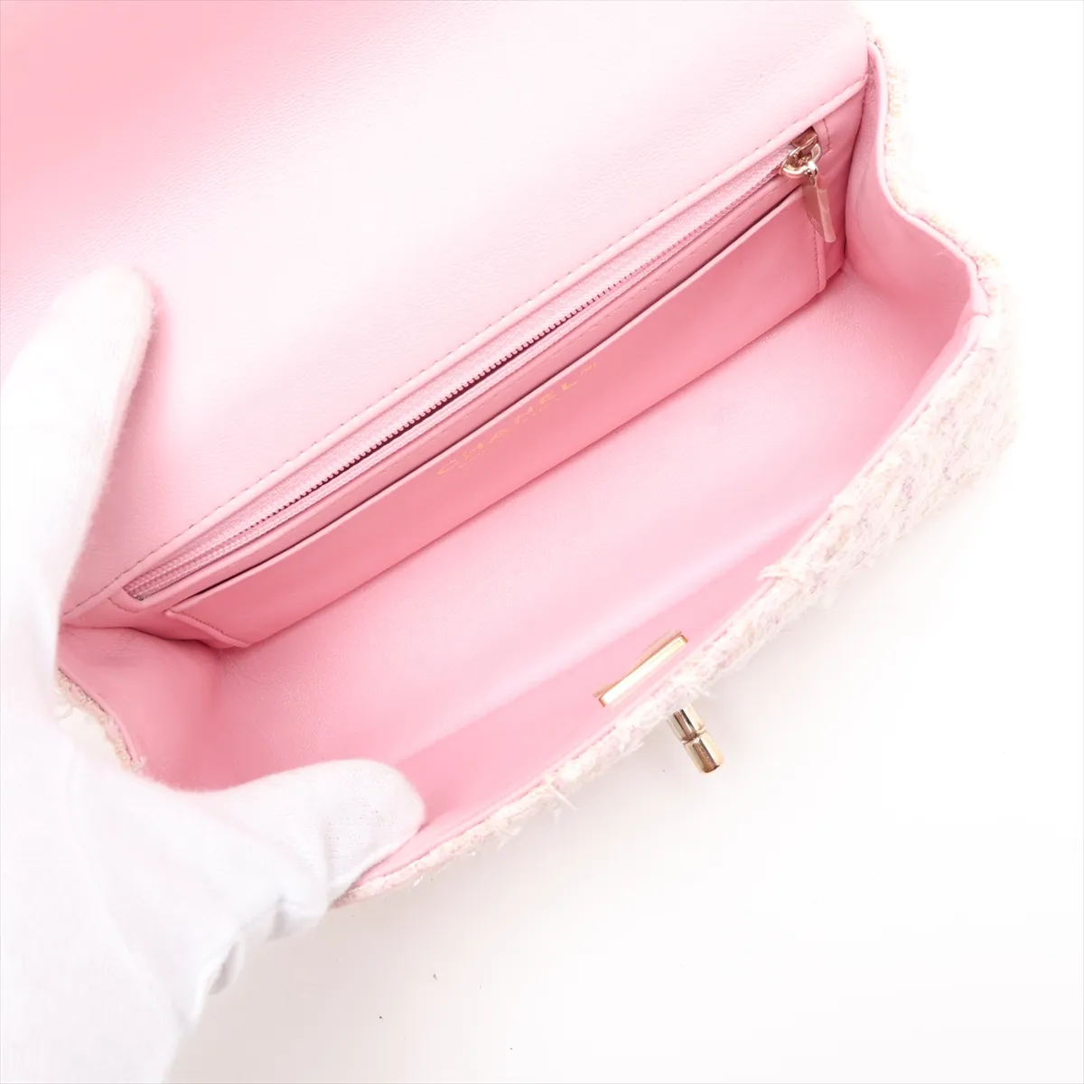 Matelassé Tweed 2-Way Handbag, Pink with Gold Hardware, KHNKG001, Random Plate — view 8