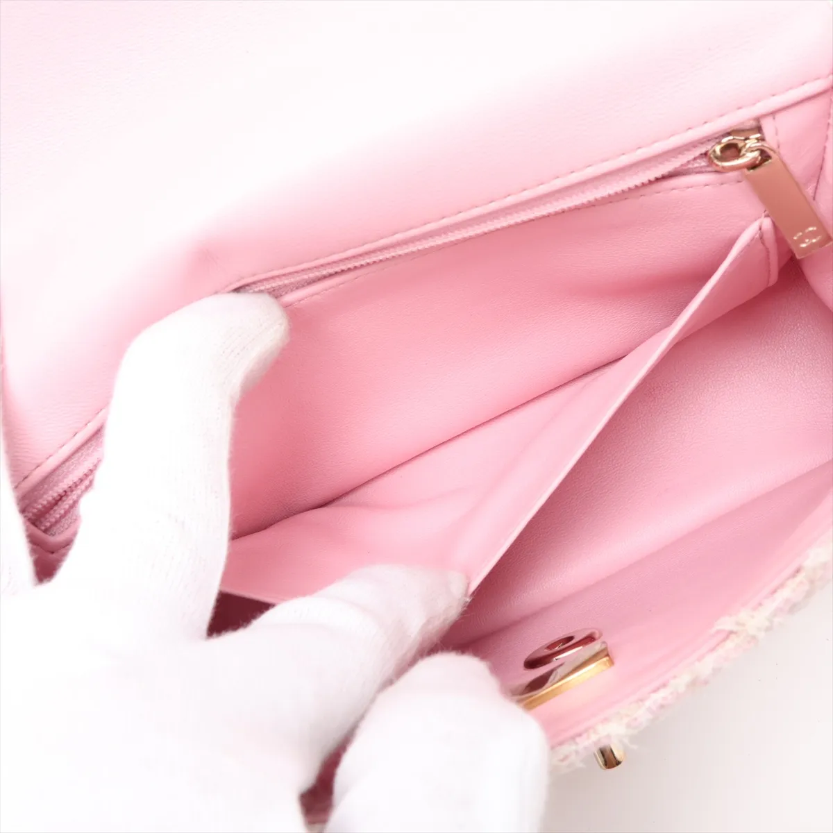 Matelassé Tweed 2-Way Handbag, Pink with Gold Hardware, KHNKG001, Random Plate — view 9