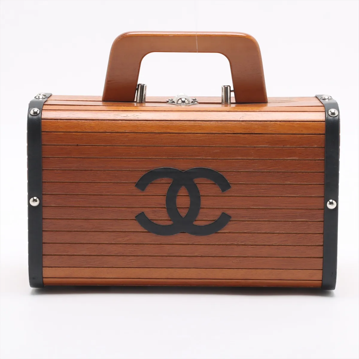 [Individually wrapped] Chanel Cocomark Wood x Leather Vanity Bag Brown Silver Hardware External Repair Available — view 2