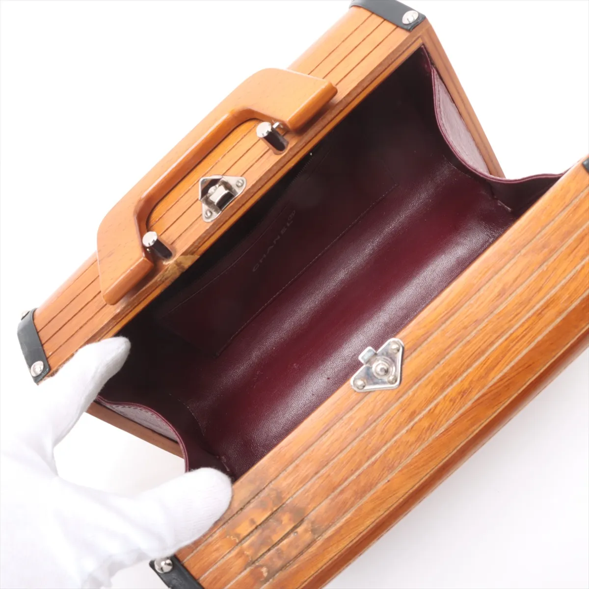 [Individually wrapped] Chanel Cocomark Wood x Leather Vanity Bag Brown Silver Hardware External Repair Available — view 7