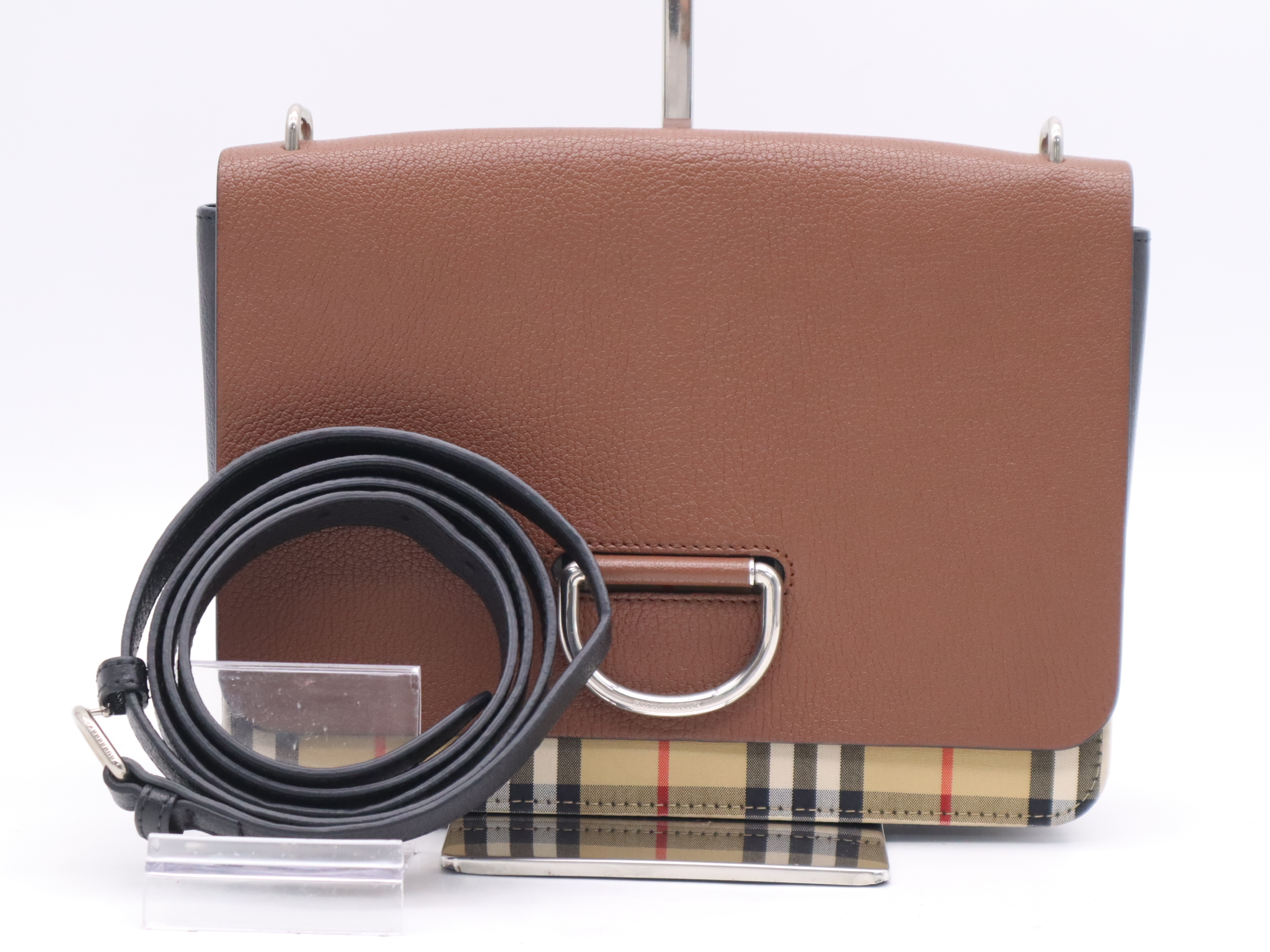 Leather D-ring Brown Shoulder Bag with Silver Hardware and Shoulder Strap