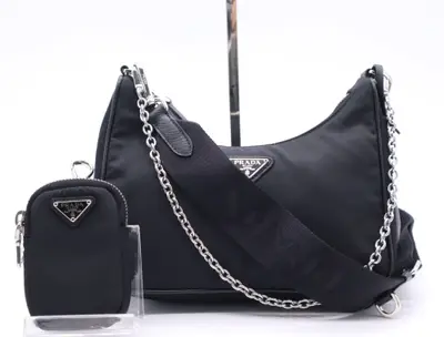 Nylon Re-Edition 2005 Shoulder Bag, Black, with 2 Shoulder Straps, Clochette, and Pouch.