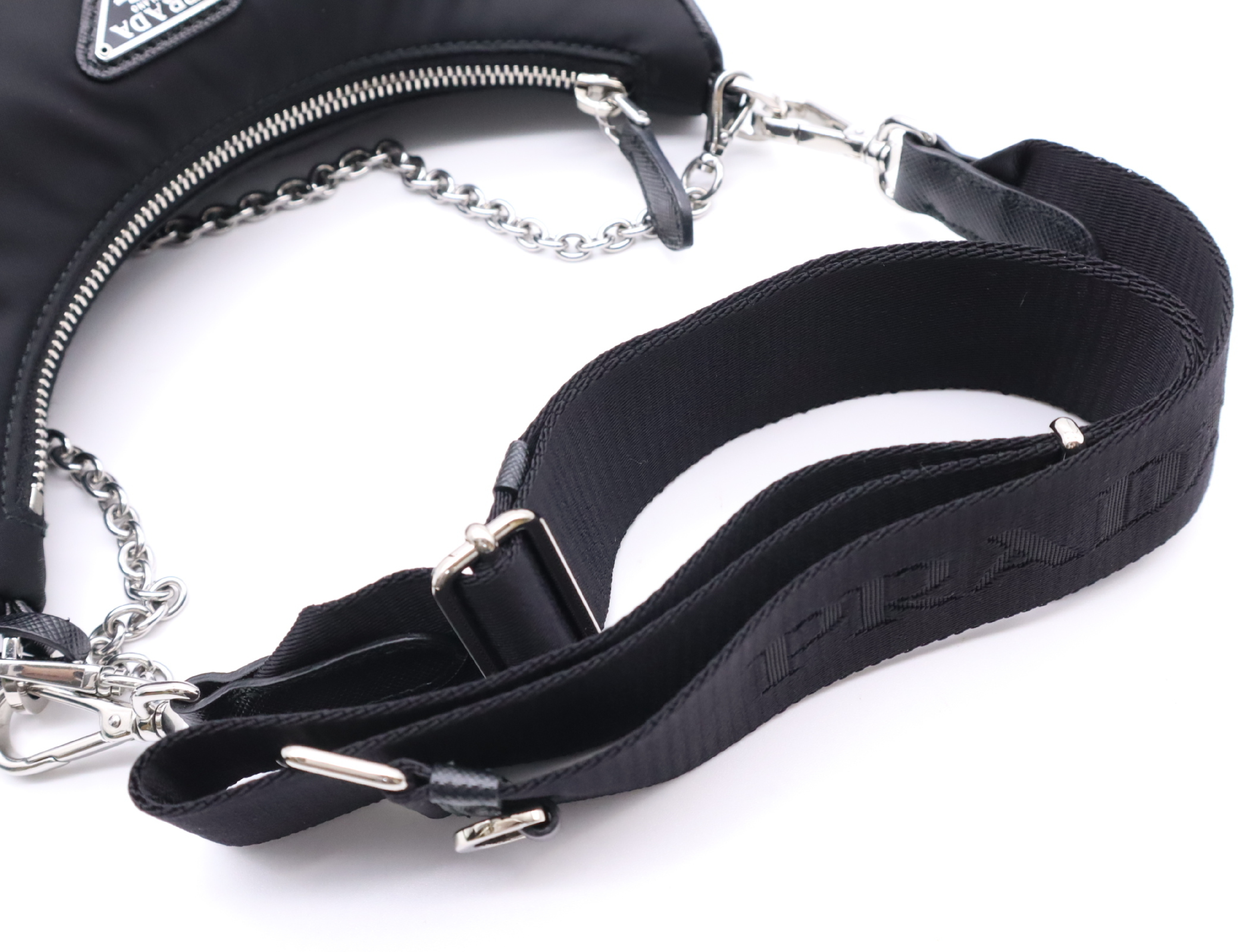 Nylon Re-Edition 2005 Shoulder Bag, Black, with 2 Shoulder Straps, Clochette, and Pouch. — view 10