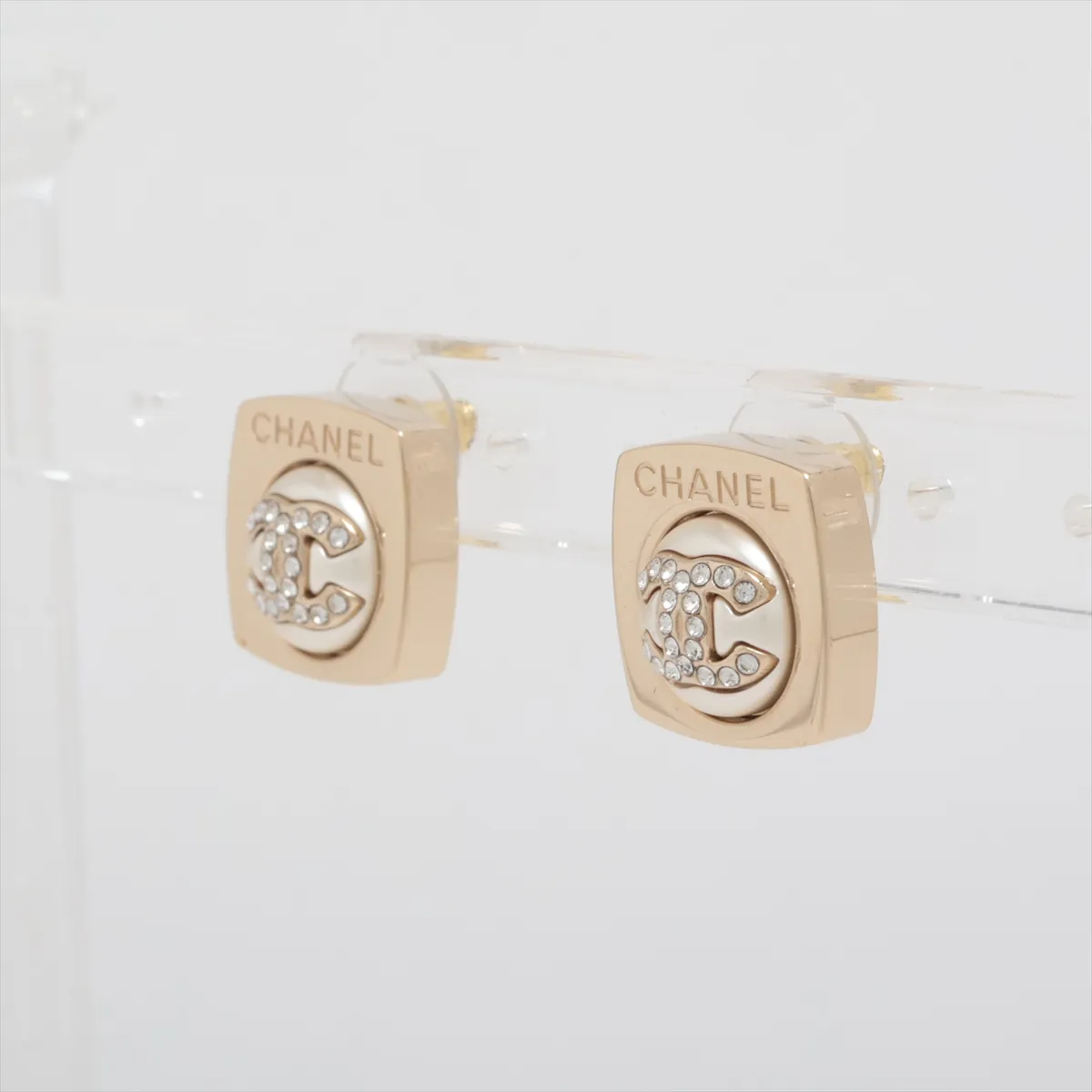Coco Mark Logo B23S Earrings (Pair) GP x Rhinestone x Faux Pearl Gold — view 3