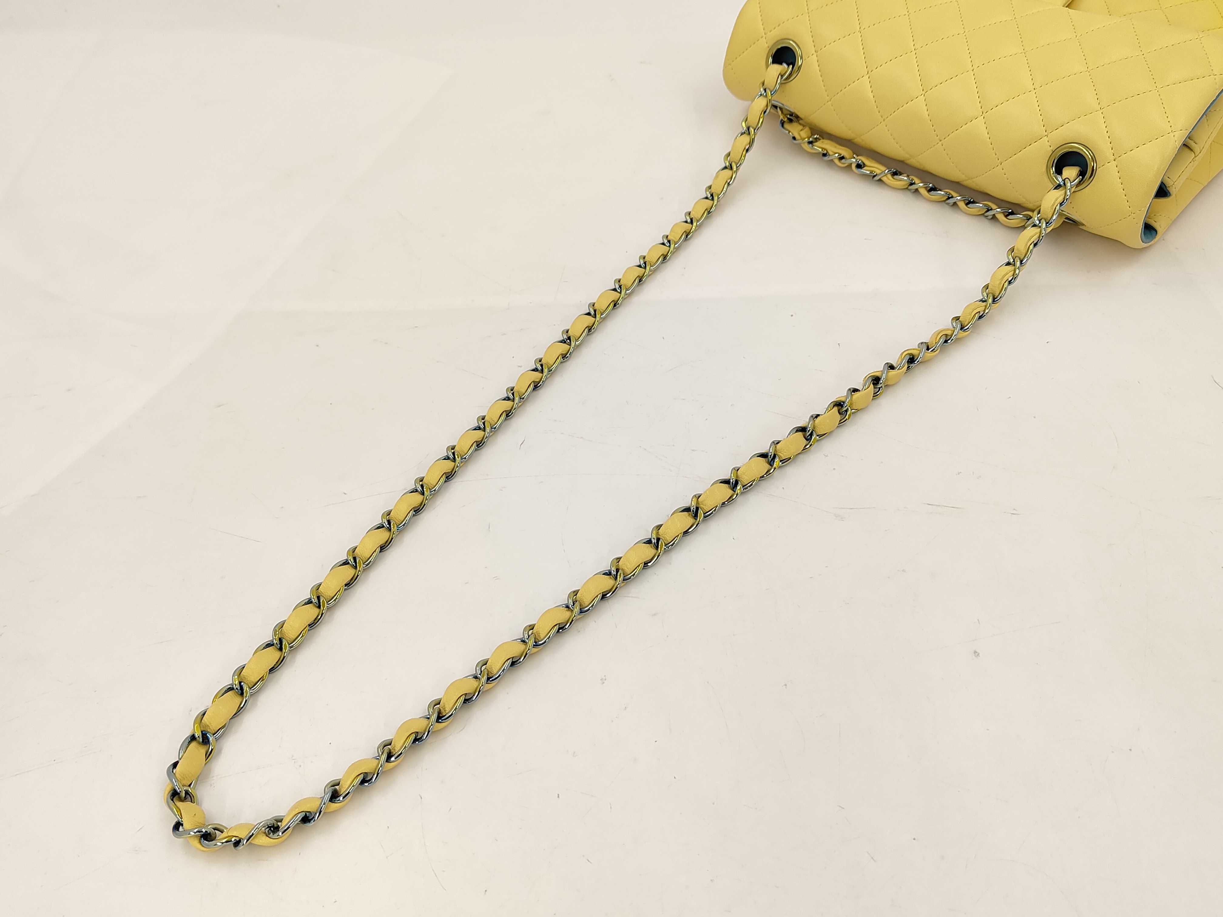 Matelassé 23 Lambskin Double Flap Double Chain Shoulder Bag, Yellow — view 3