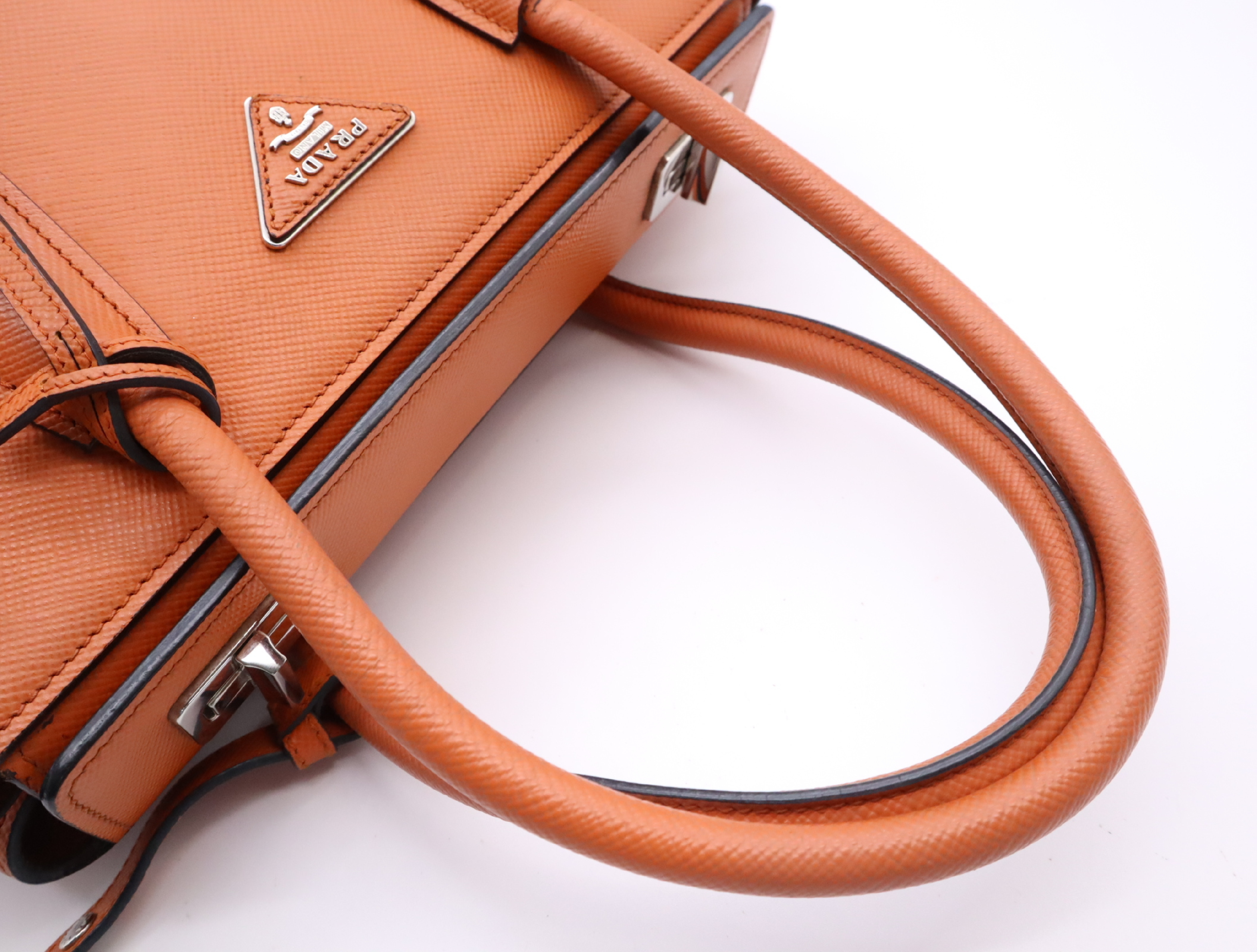 Leather Turnlock Handbag, Orange, Silver Hardware, with Name Tag — view 12