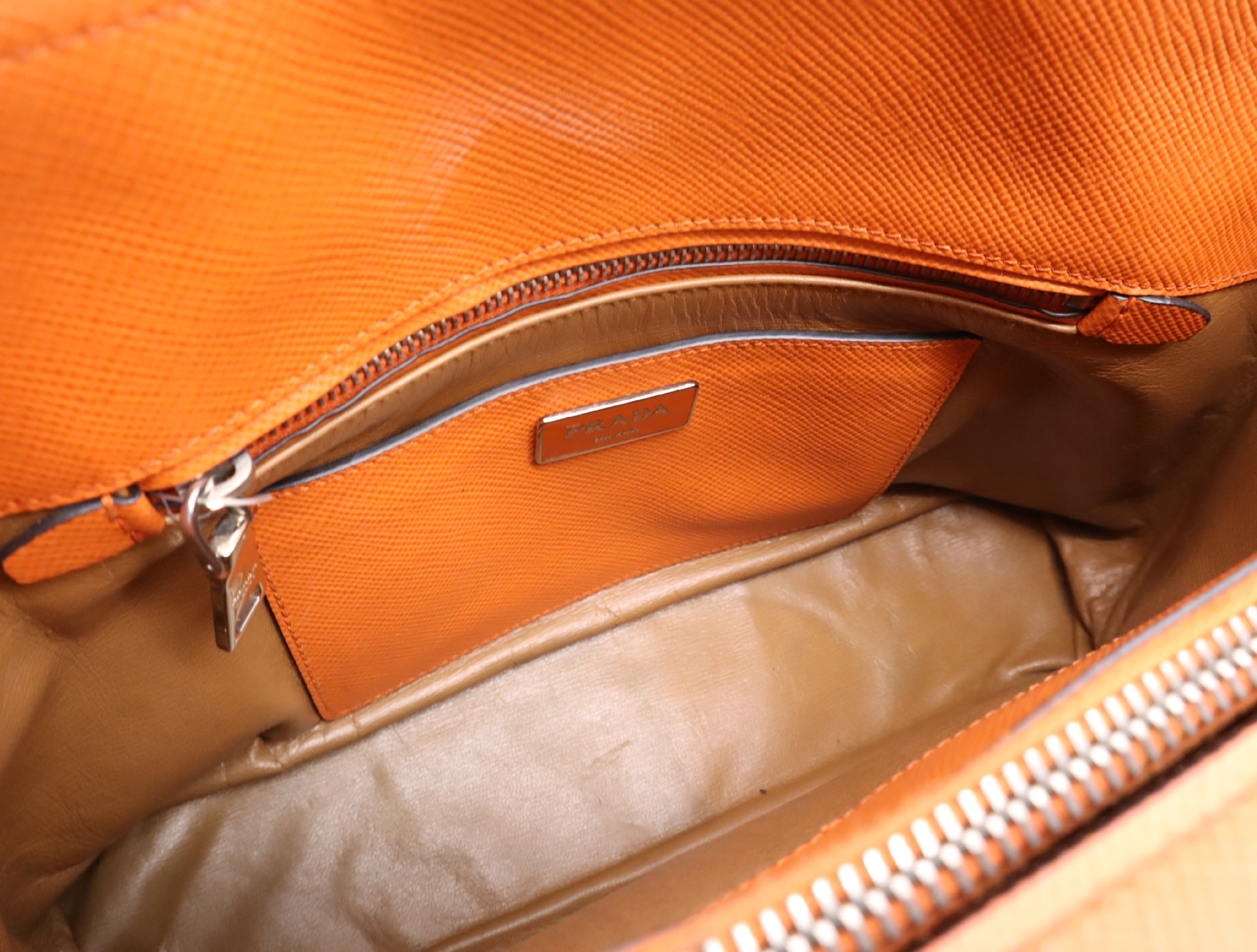Leather Turnlock Handbag, Orange, Silver Hardware, with Name Tag — view 15