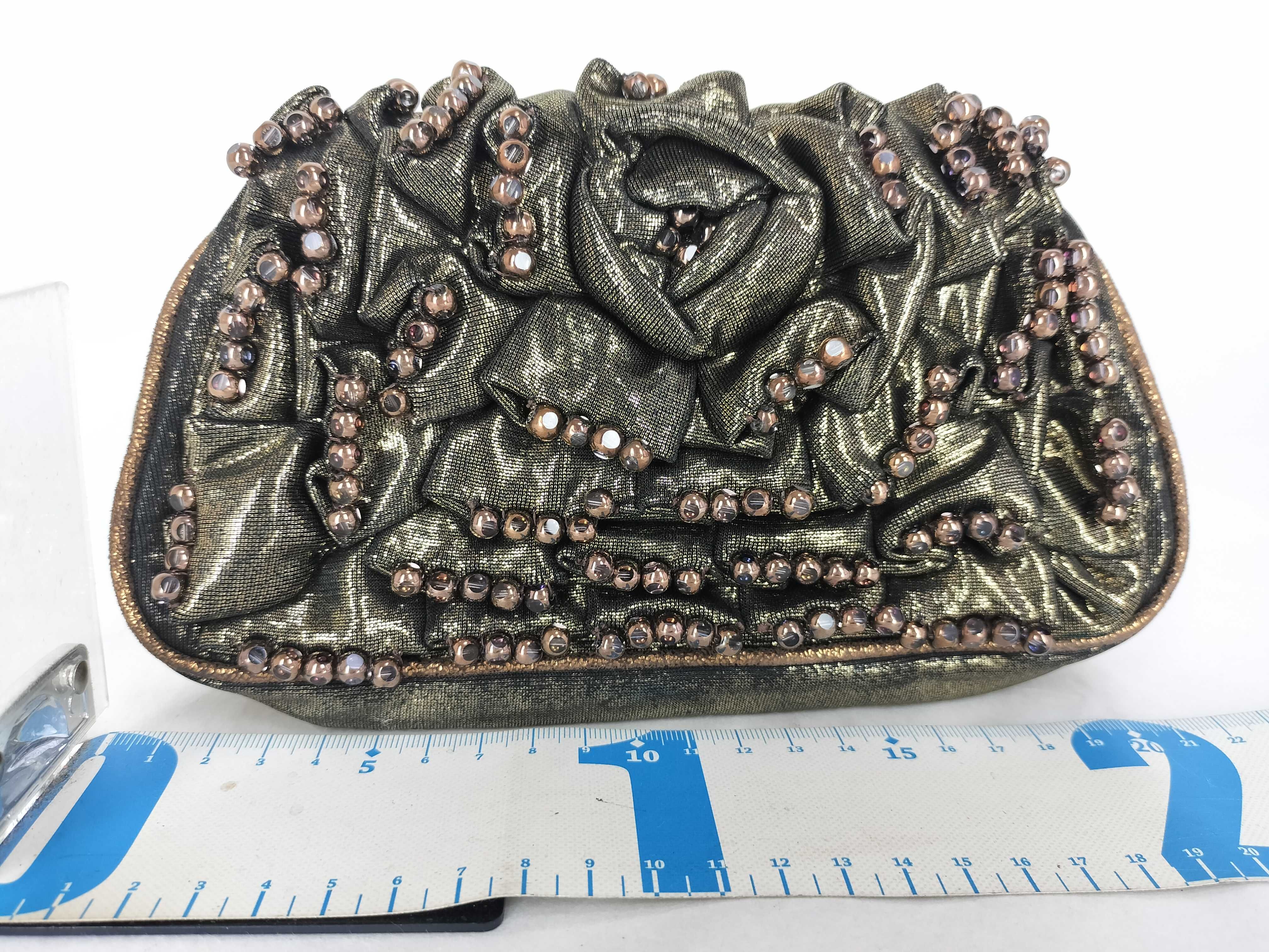Beaded Rhinestone Bijou Glitter Weave Kisslock Gold Accessory Pouch Handbag Pouch — view 2