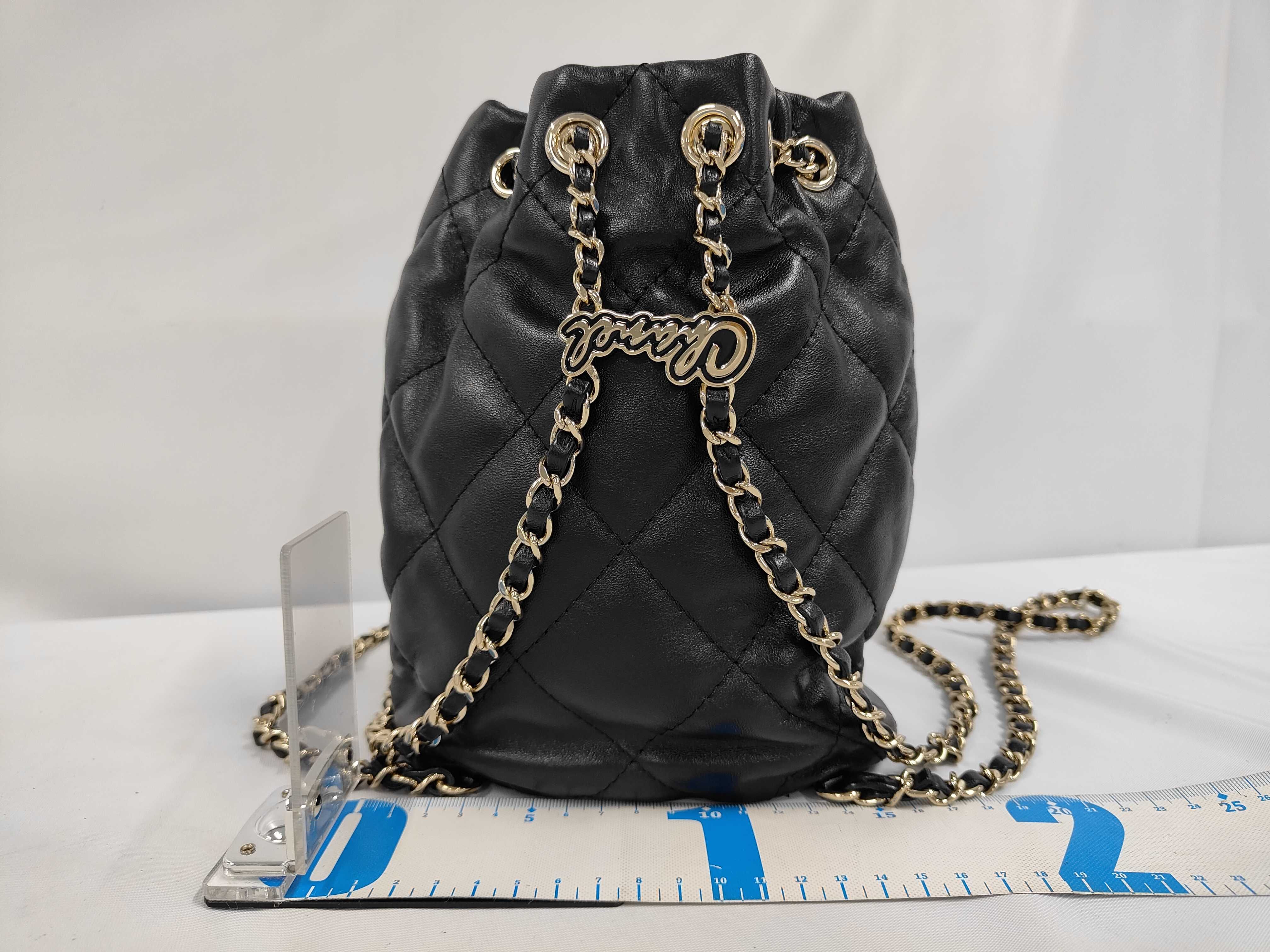 Matelassé Chain Backpack with Drawstring, Black, Gold Hardware — view 2