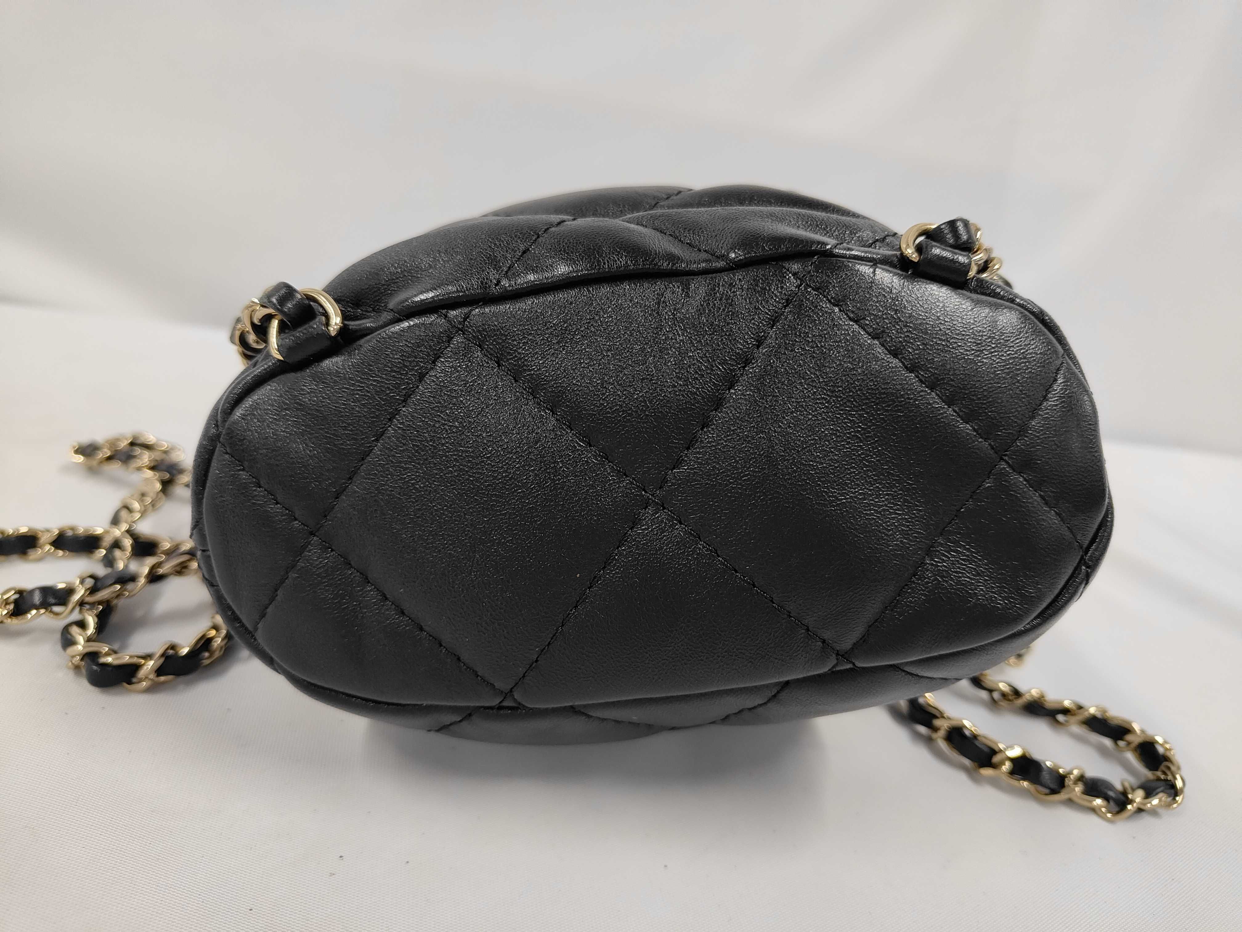 Matelassé Chain Backpack with Drawstring, Black, Gold Hardware — view 3
