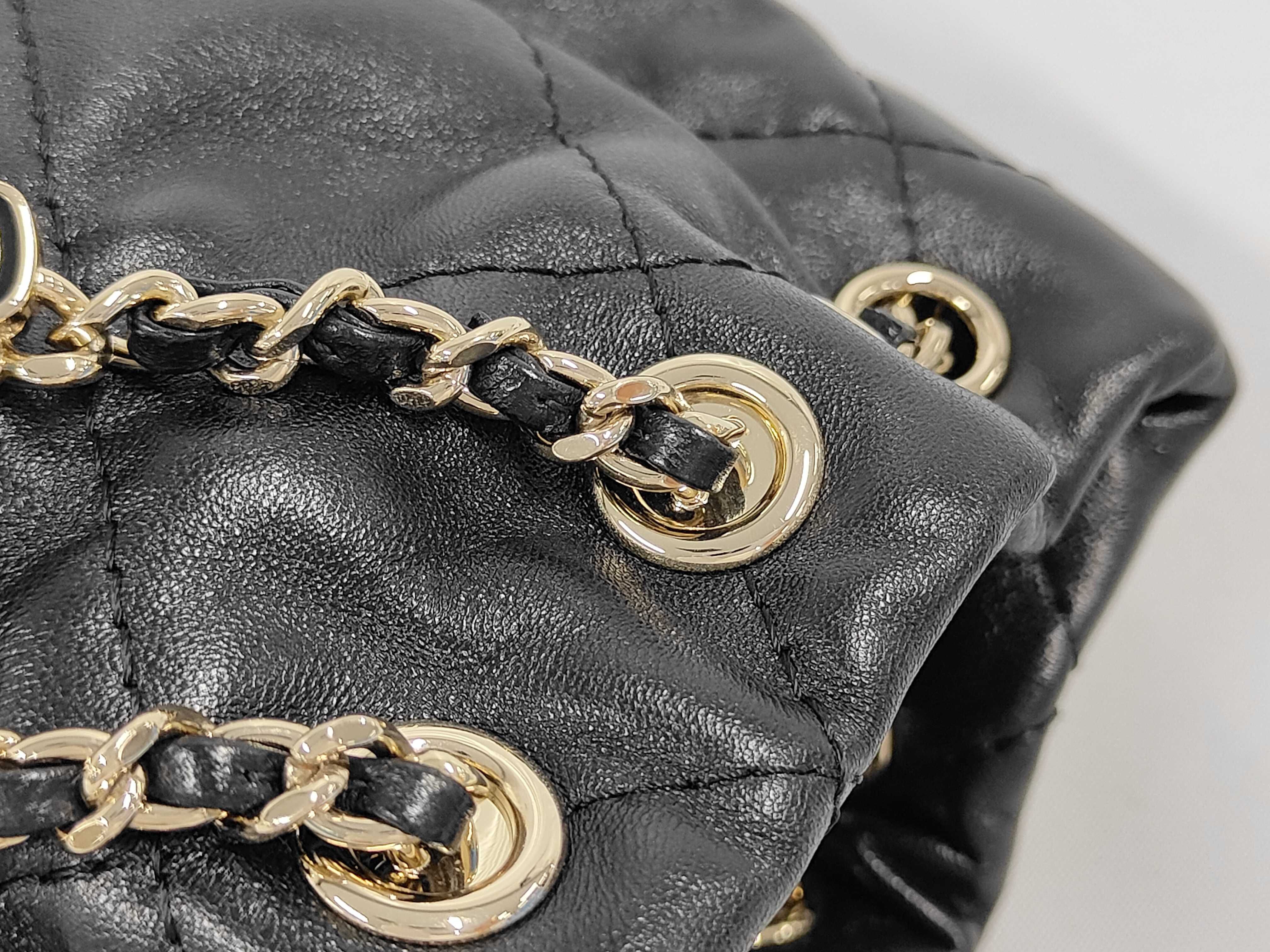 Matelassé Chain Backpack with Drawstring, Black, Gold Hardware — view 6