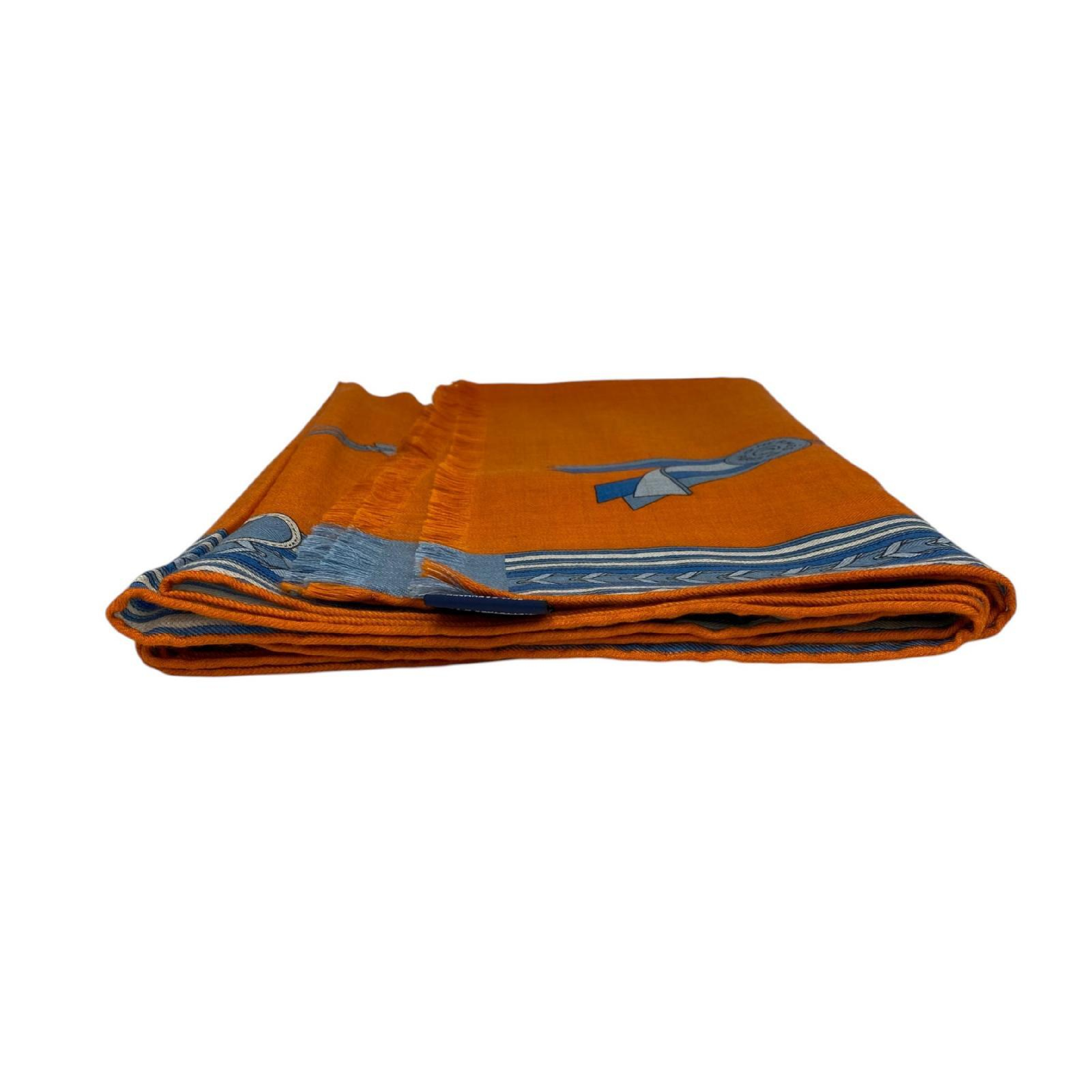 【*Shipped from: Hong Kong*】HERMES ( ) Orange Cashmere 70%/Silk 30% Pegasus Scarf Other Accessories — view 7