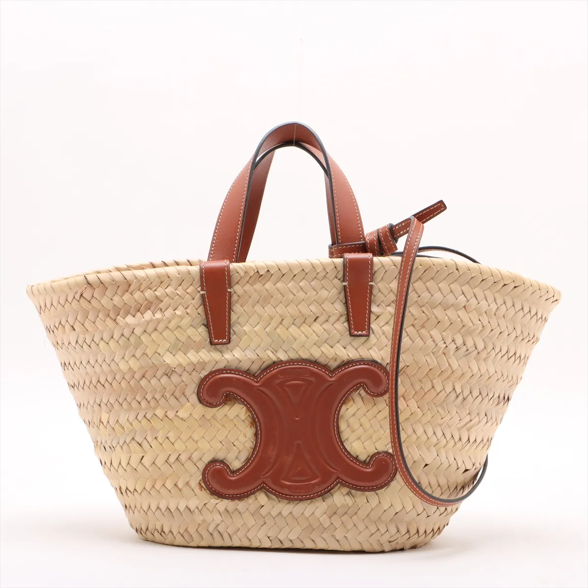 Triomphe Panier Raffia x Leather Basket Bag Beige x Brown