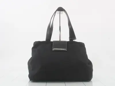 Nylon/Leather Logo Plate Tote Bag, Black