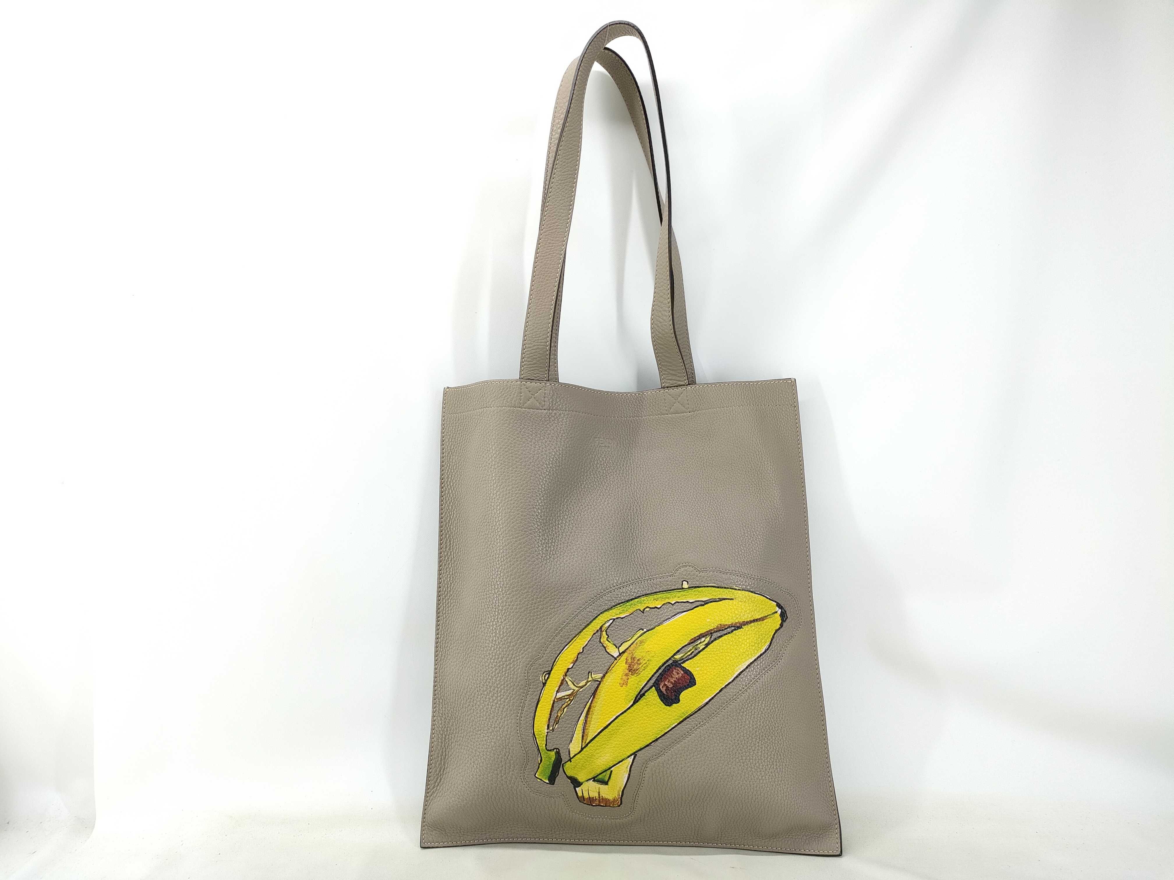 Leather Banana Print Tote Bag, Greige, Multicolor Tote Bag