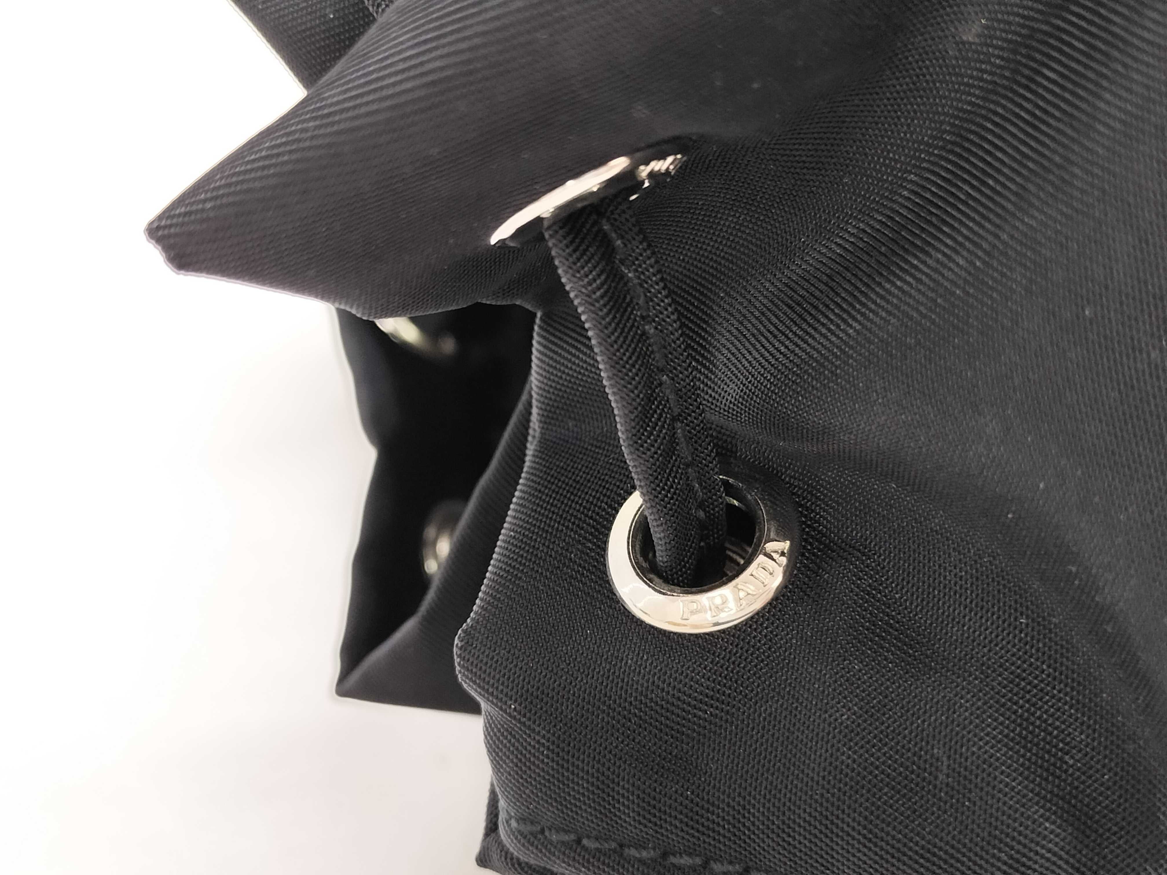 nylon drawstring bag pouch, current model, triangle logo, Tessuto nylon, black pouch. — view 4