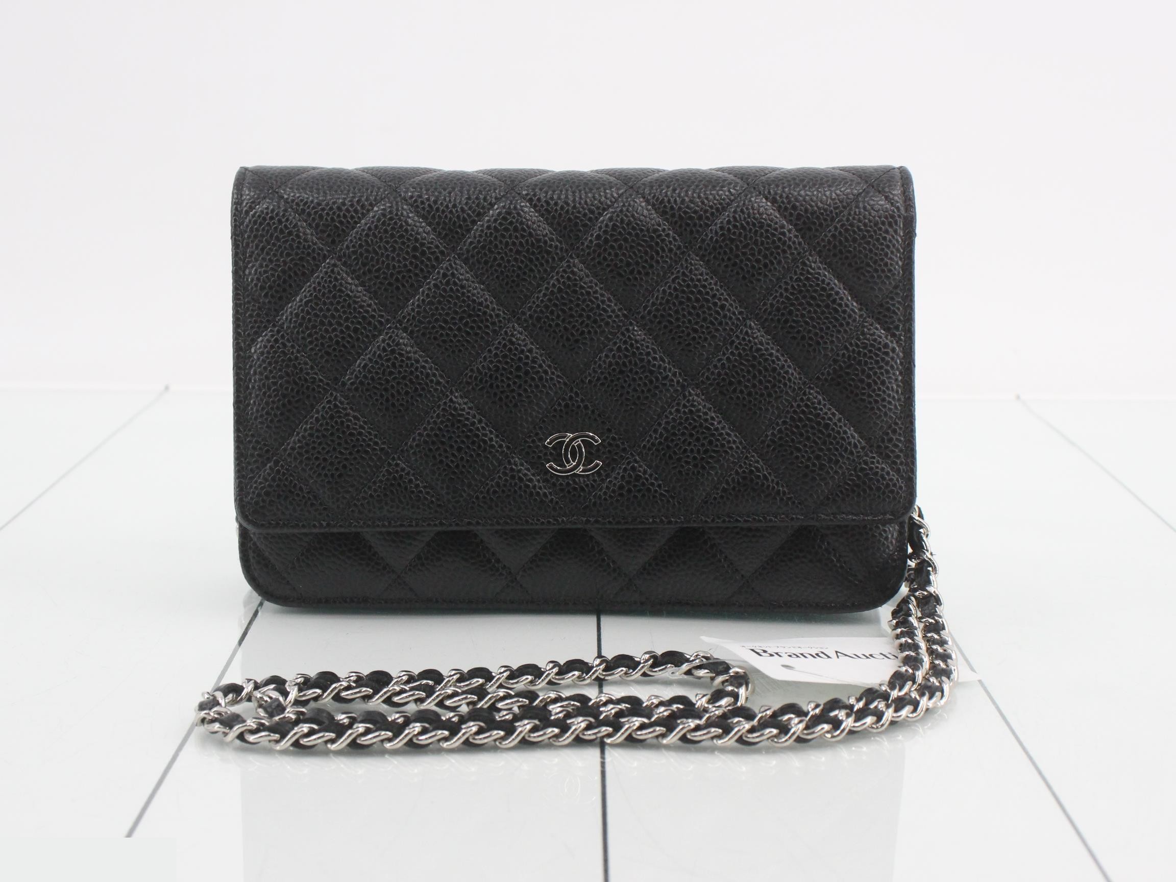 Matelassé Chain Wallet, Caviar Leather, Black with Silver Hardware