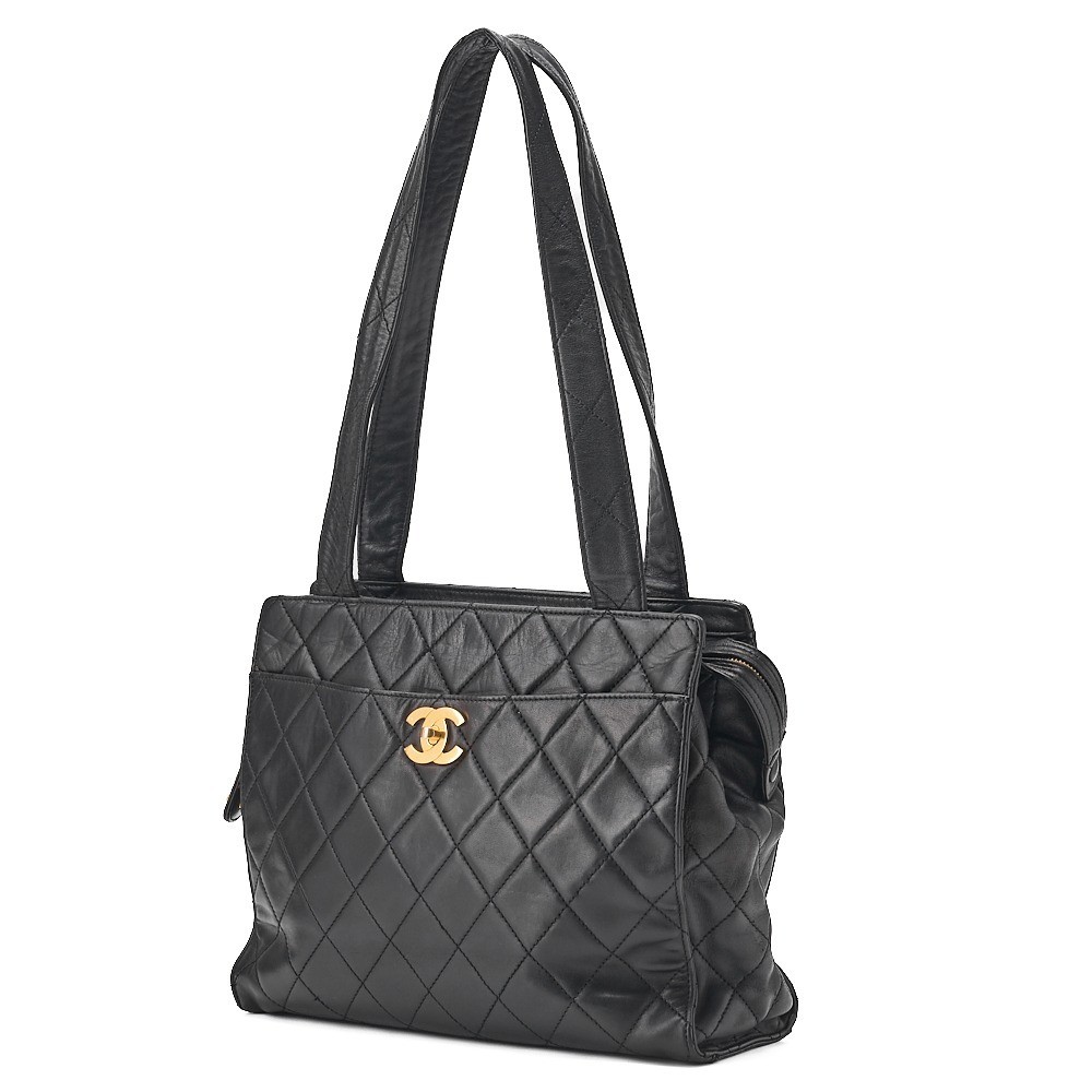 Lambskin Matelassé Turnlock Tote Bag, Black, Gold Hardware, Series 3 — view 3