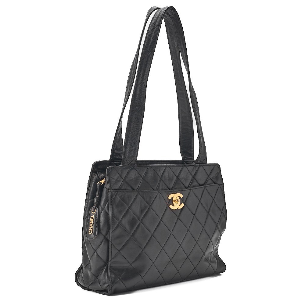 Lambskin Matelassé Turnlock Tote Bag, Black, Gold Hardware, Series 3 — view 4