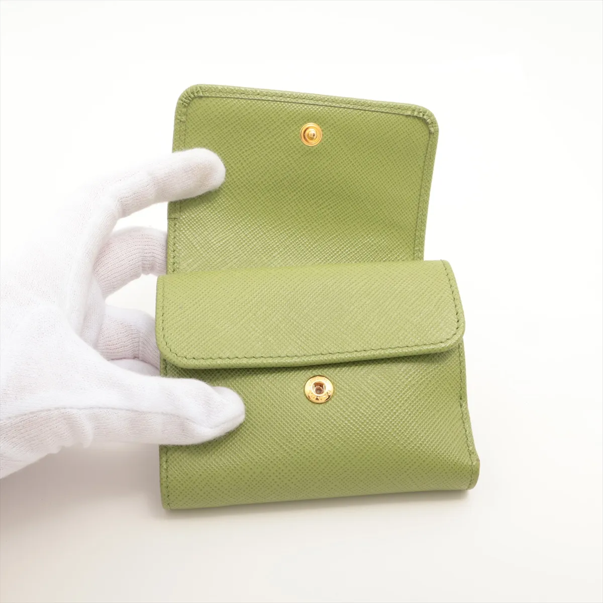 Saffiano Triangle Logo Leather Compact Wallet, Green — view 3