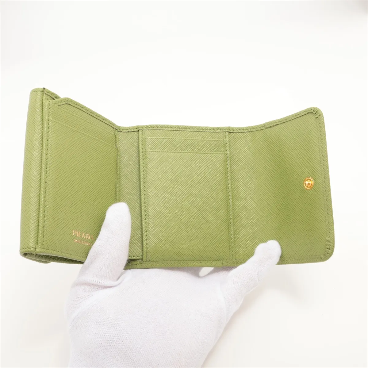 Saffiano Triangle Logo Leather Compact Wallet, Green — view 4