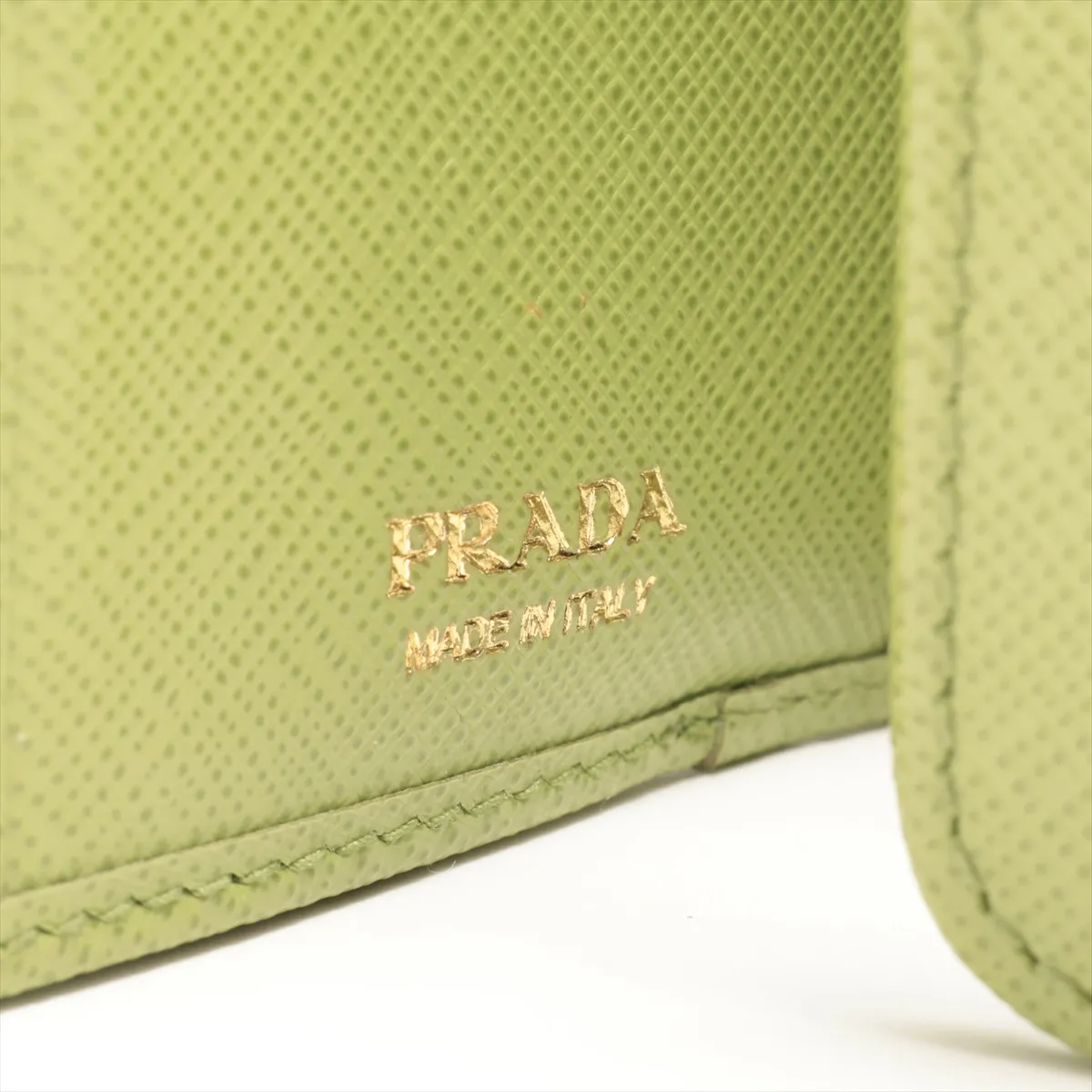 Saffiano Triangle Logo Leather Compact Wallet, Green — view 7