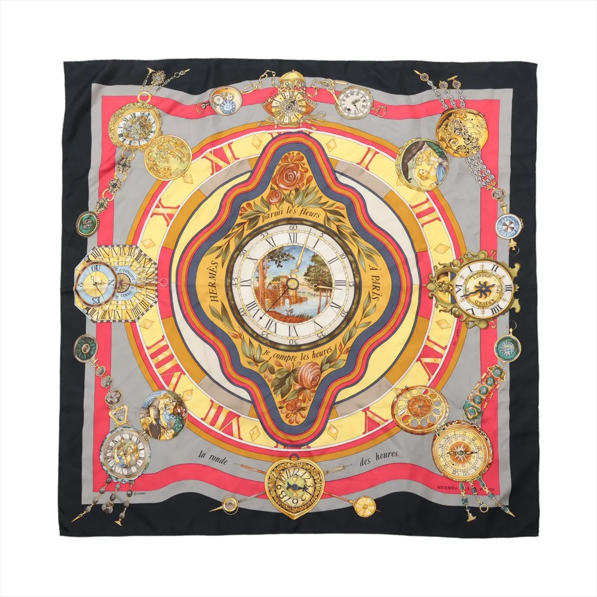 Carre 90 la ronde des heures Tokinorondo scarf silk black