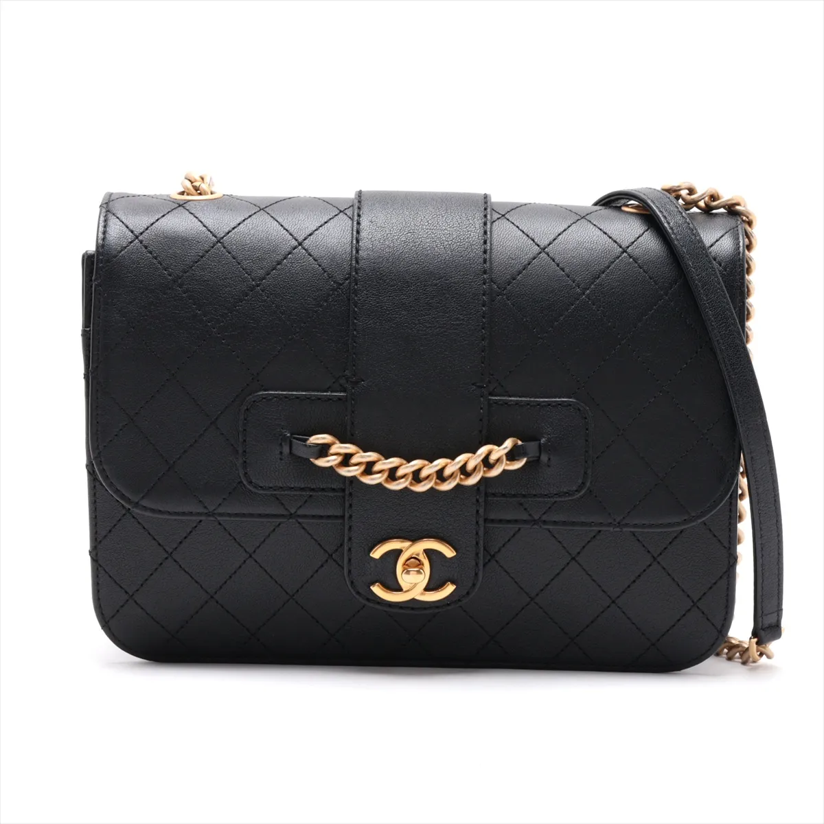 Matelassé Leather Single Flap Single Chain Bag, Black with Gold Hardware, Item Number 24998210 (Serial Number in the 24 range)
