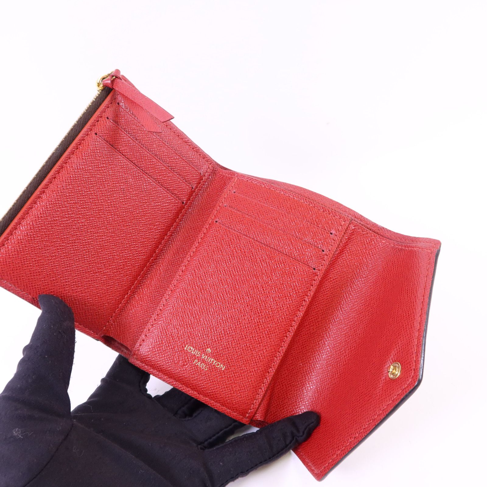Damier Victorine Wallet Kinpaku Silver Package Brown Red Tri-Fold Wallet N 41659 — view 5