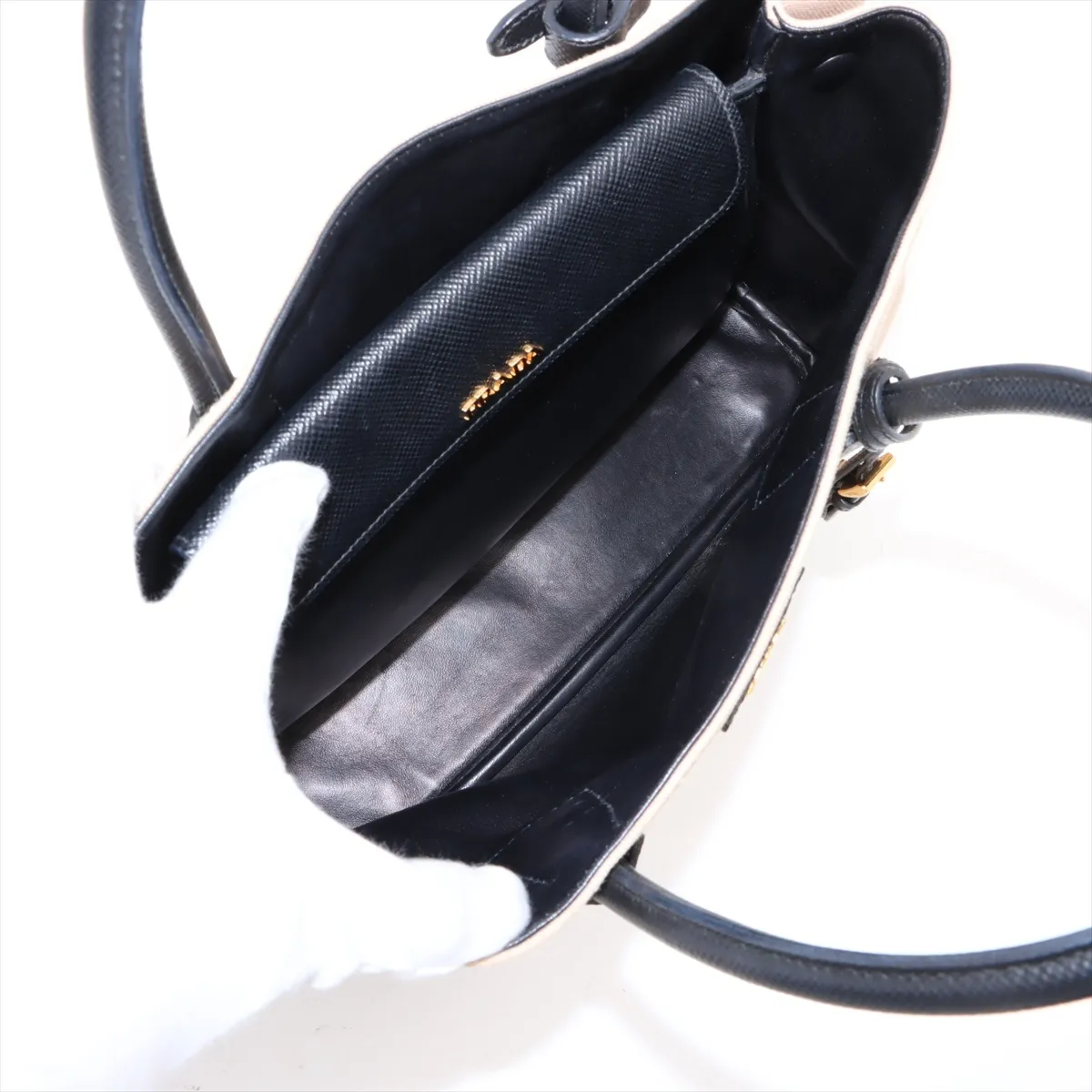 Canvas x Leather 2-Way Tote Bag, Beige x Black, BN2775 — view 10