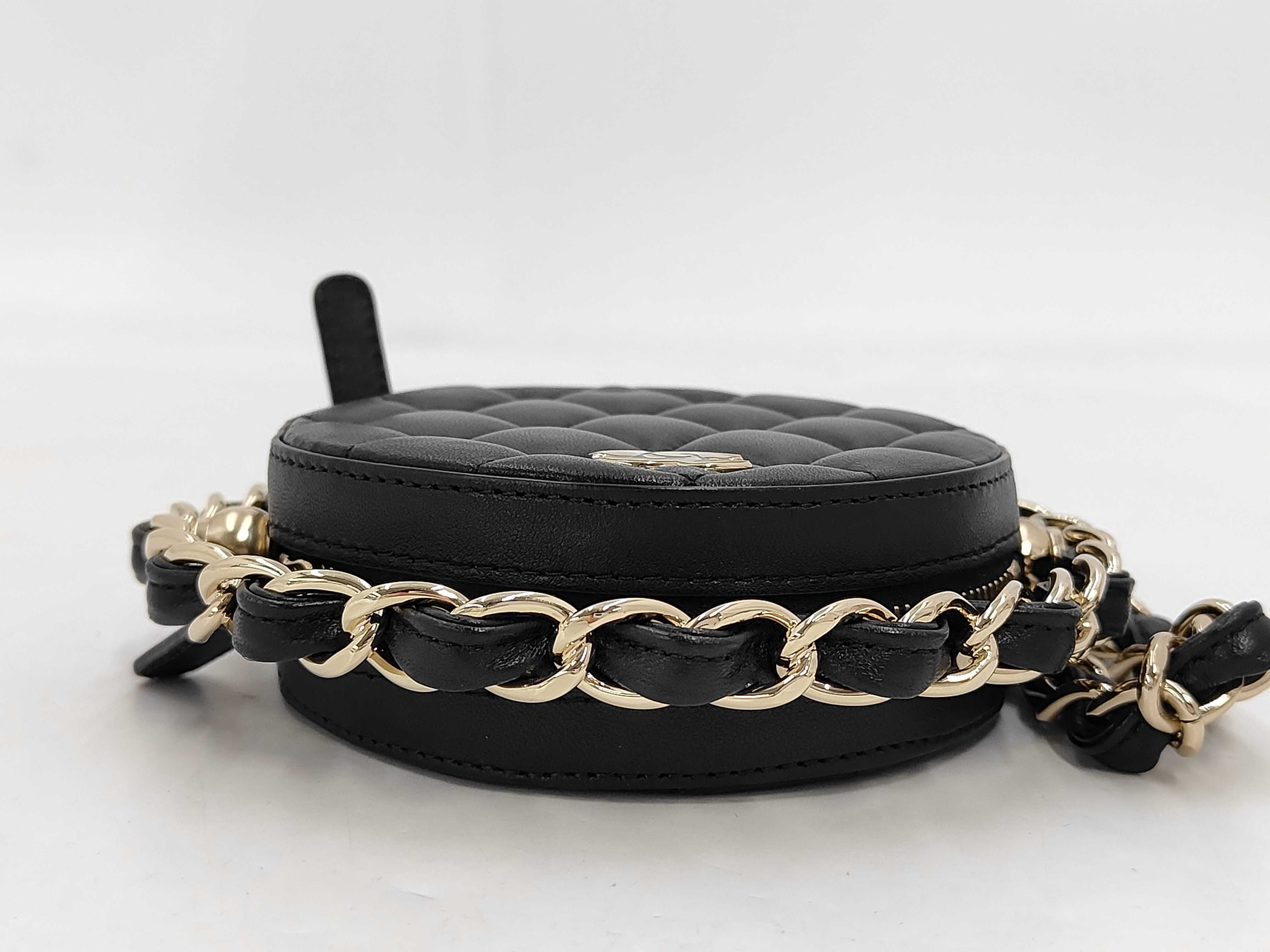 Matelassé Round Chain Shoulder Bag, Black Lambskin, Gold Hardware. — view 4