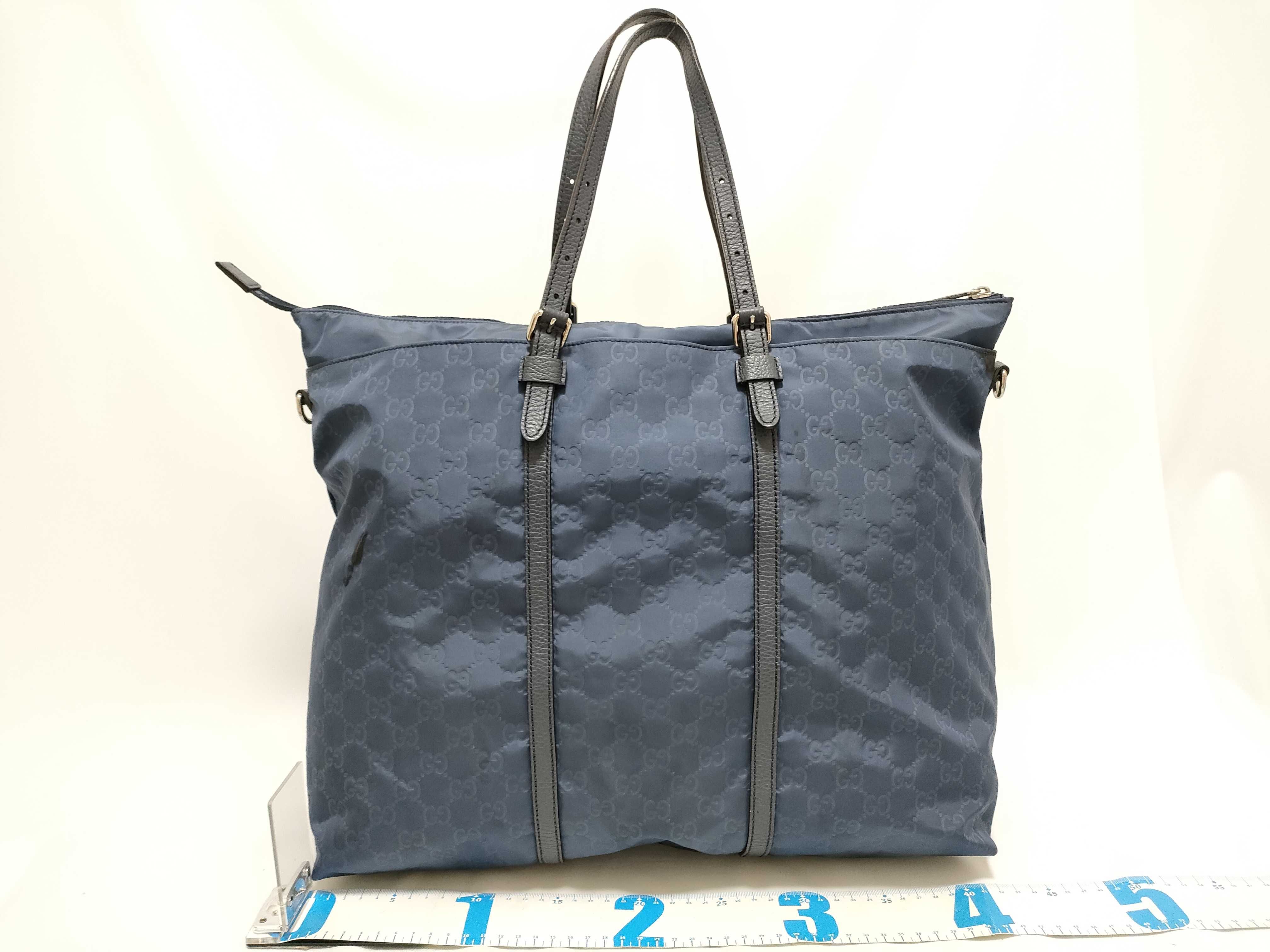 387068 GG Nylon Tote Bag Leather Blue Tote Bag — view 2