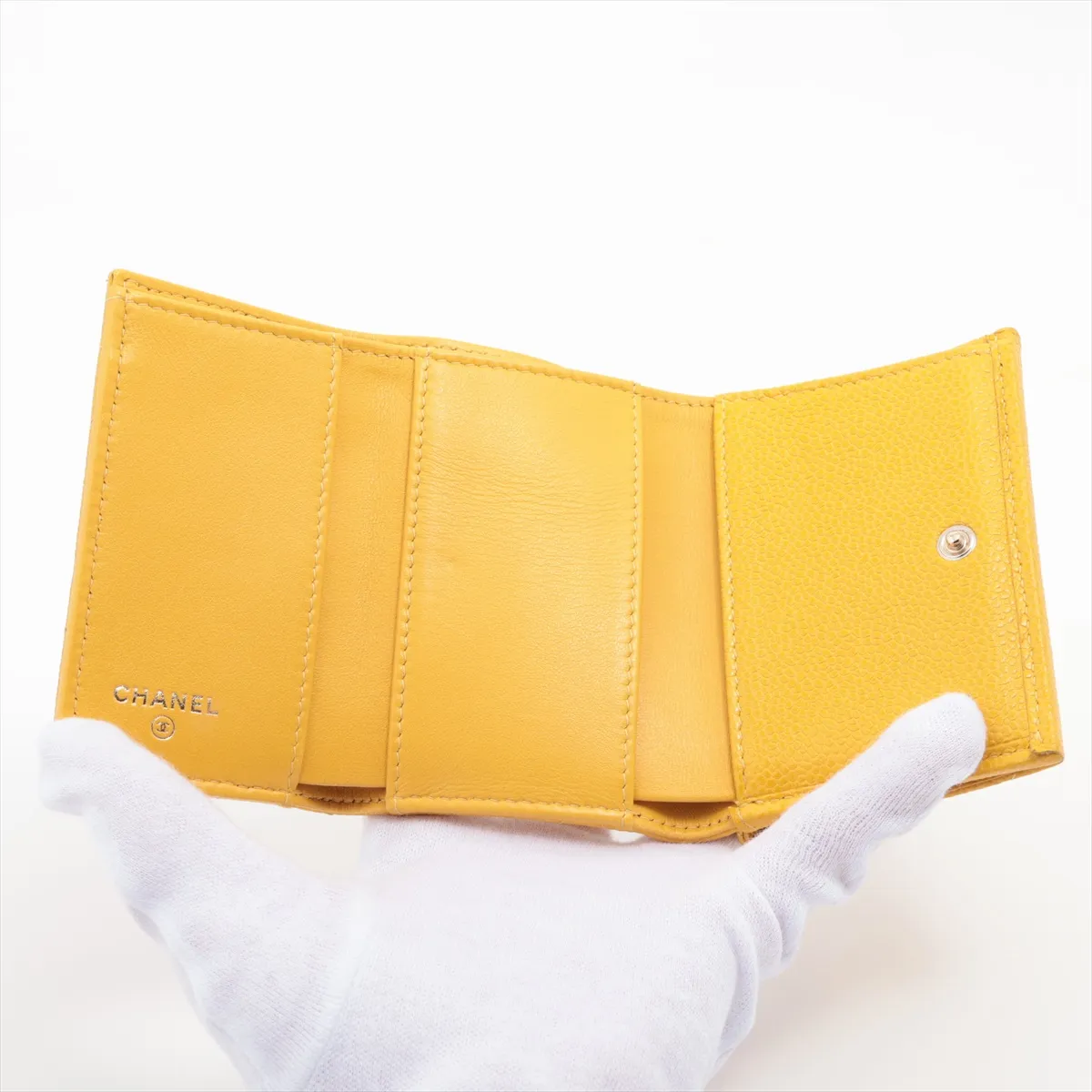 Matelassé Caviar Skin Compact Wallet, Yellow, Silver Hardware, 25757501 — view 5