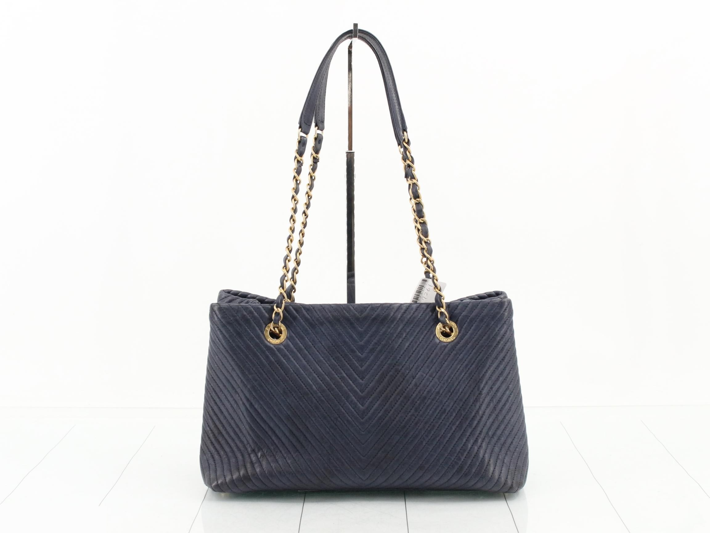 Chevron Double Chain Shoulder Bag with Coco Charm, Navy — view 2