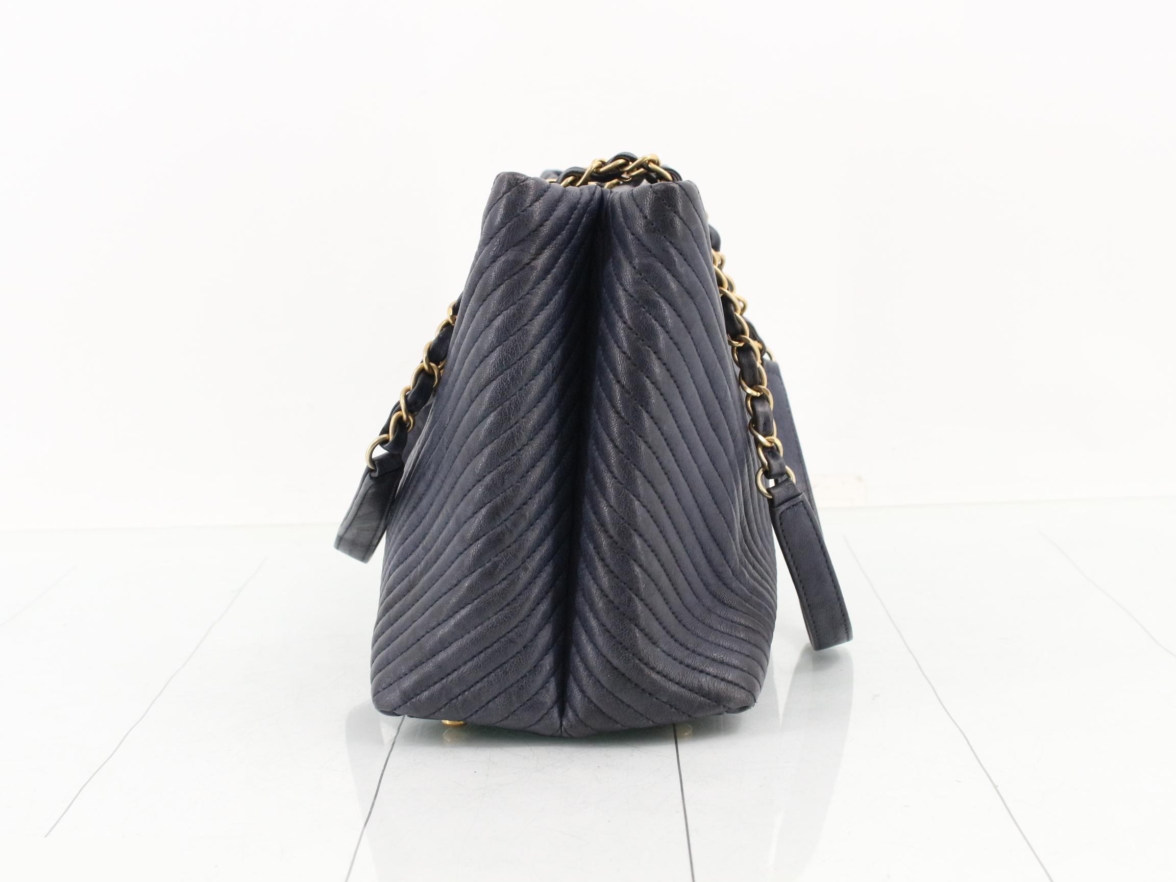 Chevron Double Chain Shoulder Bag with Coco Charm, Navy — view 3