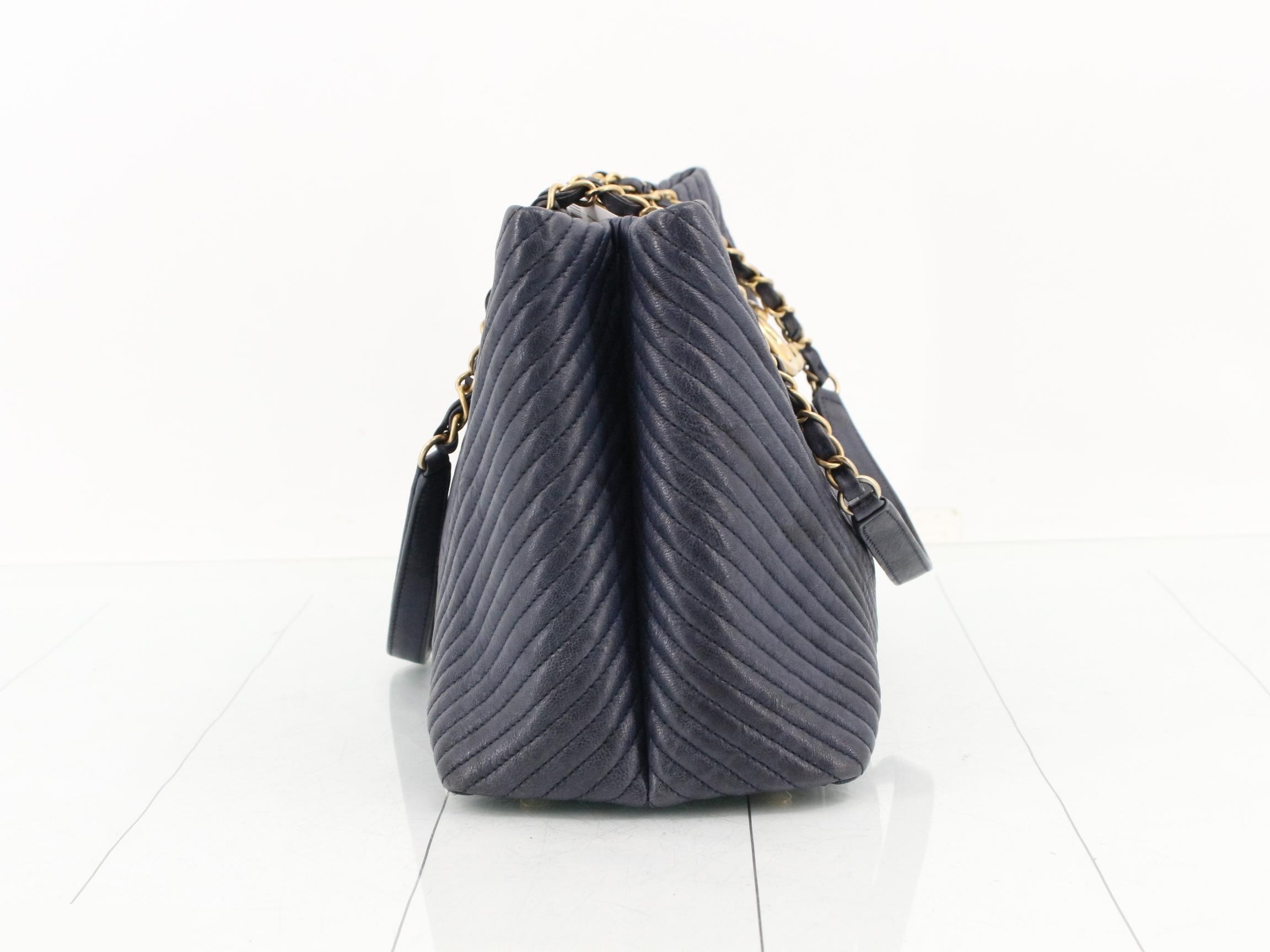 Chevron Double Chain Shoulder Bag with Coco Charm, Navy — view 4