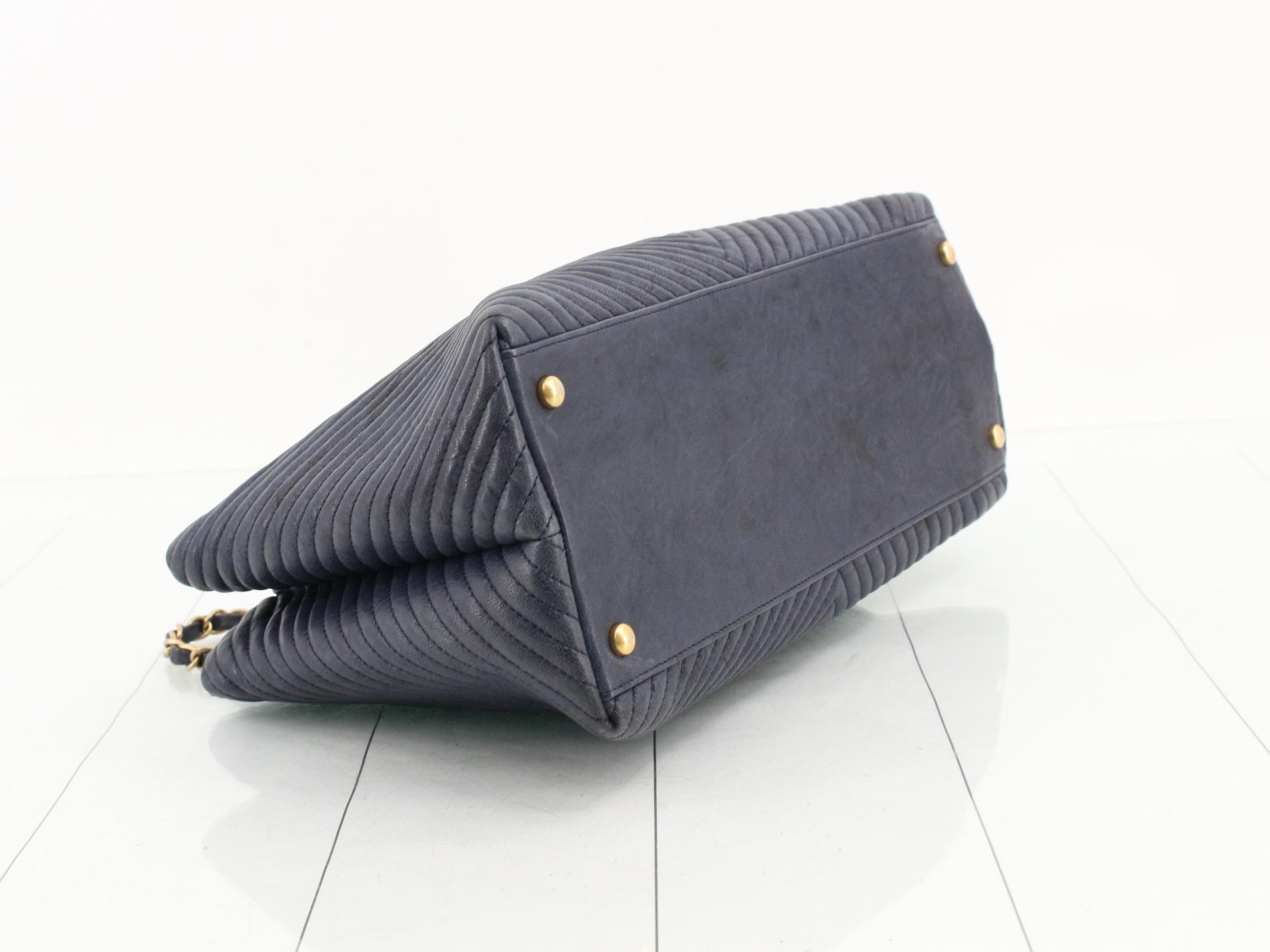 Chevron Double Chain Shoulder Bag with Coco Charm, Navy — view 5