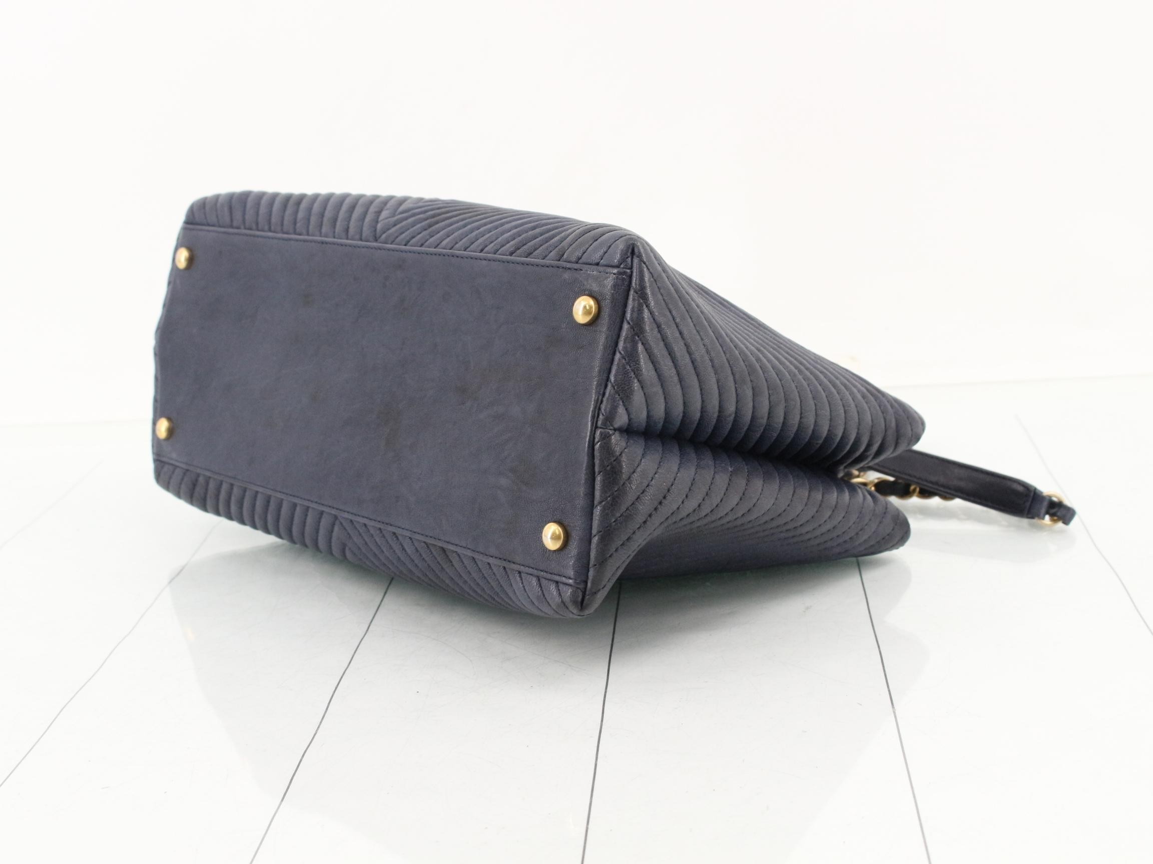 Chevron Double Chain Shoulder Bag with Coco Charm, Navy — view 6