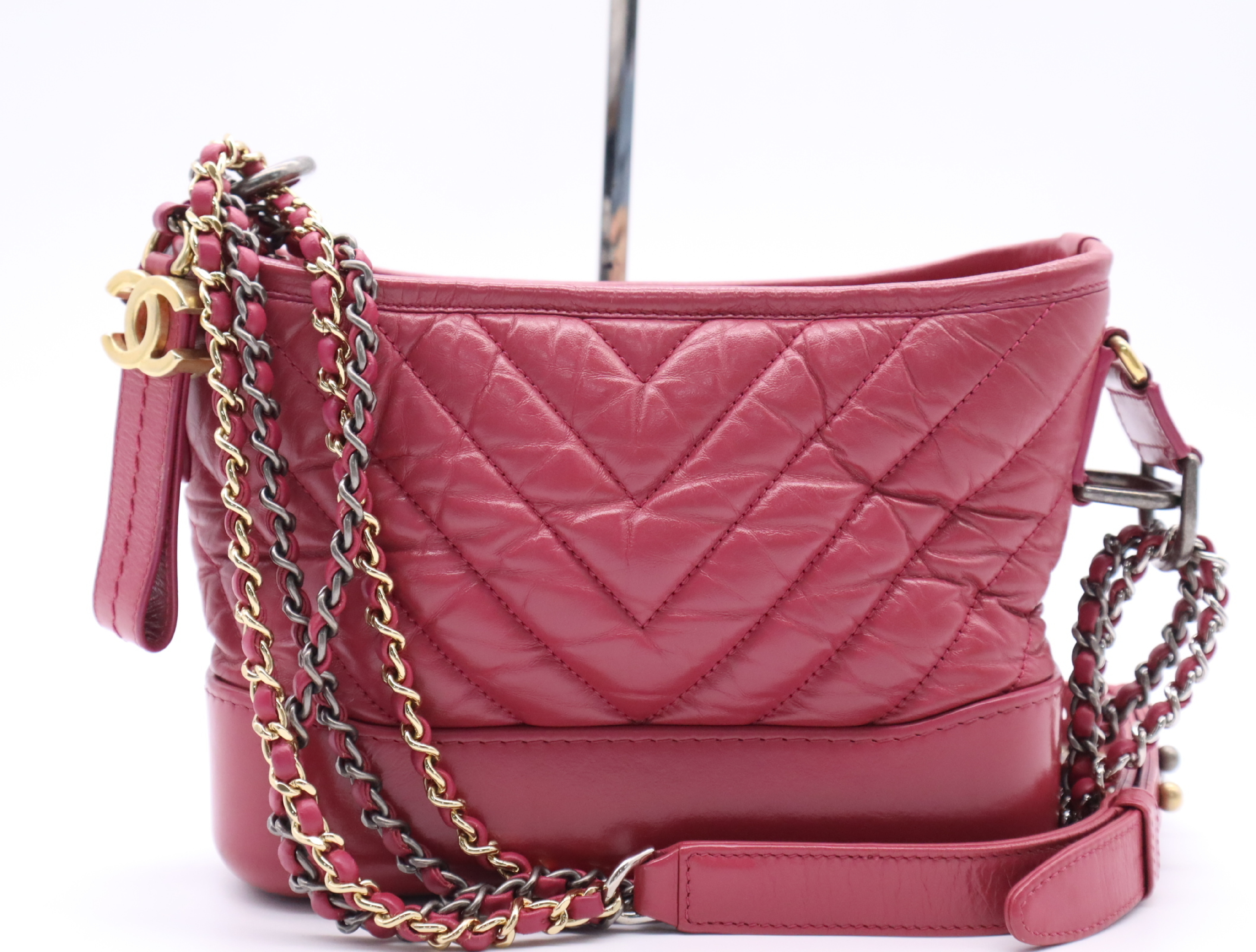 Calfskin Gabrielle de Chanel Small Hobo V-stitch Chain Shoulder Bag, Wine Red, with Seal, 26147475 Shoulder Bag