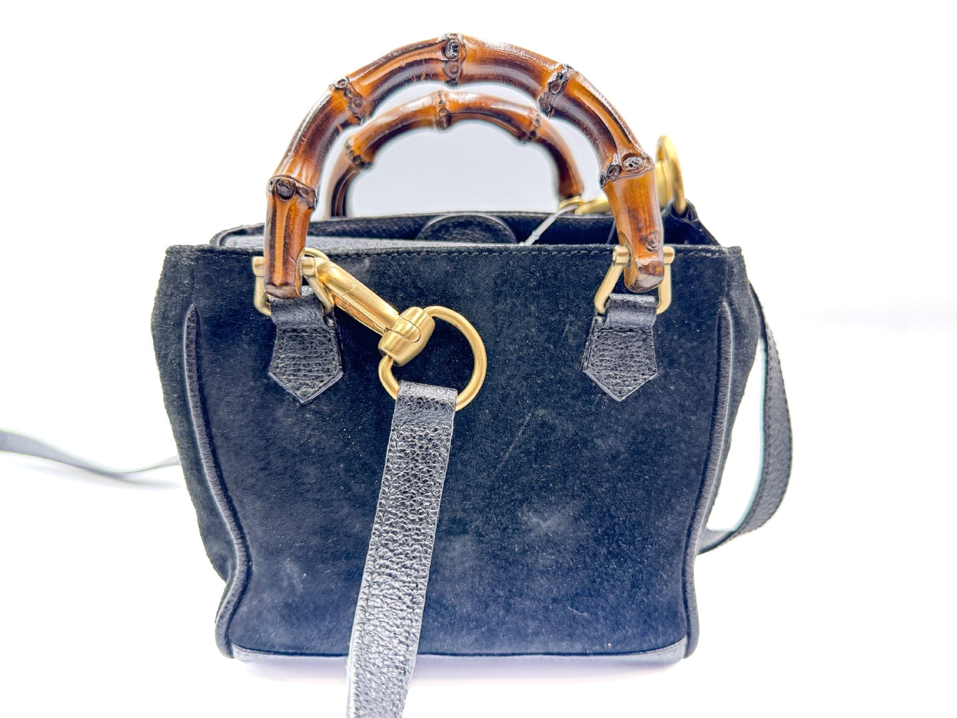 2-way bag with strap, bamboo handle, black leather, 007.2214 handbag — view 2