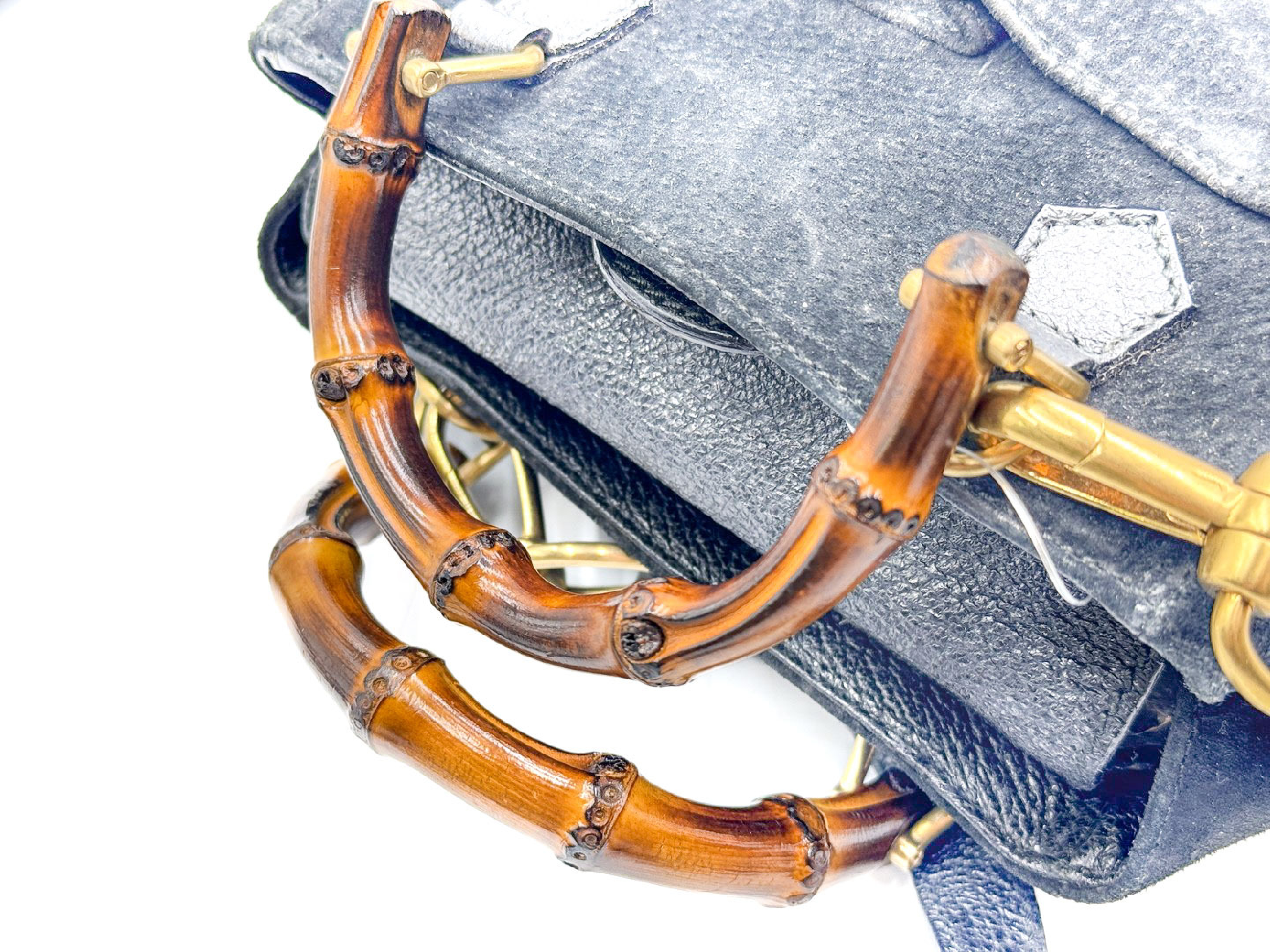 2-way bag with strap, bamboo handle, black leather, 007.2214 handbag — view 3